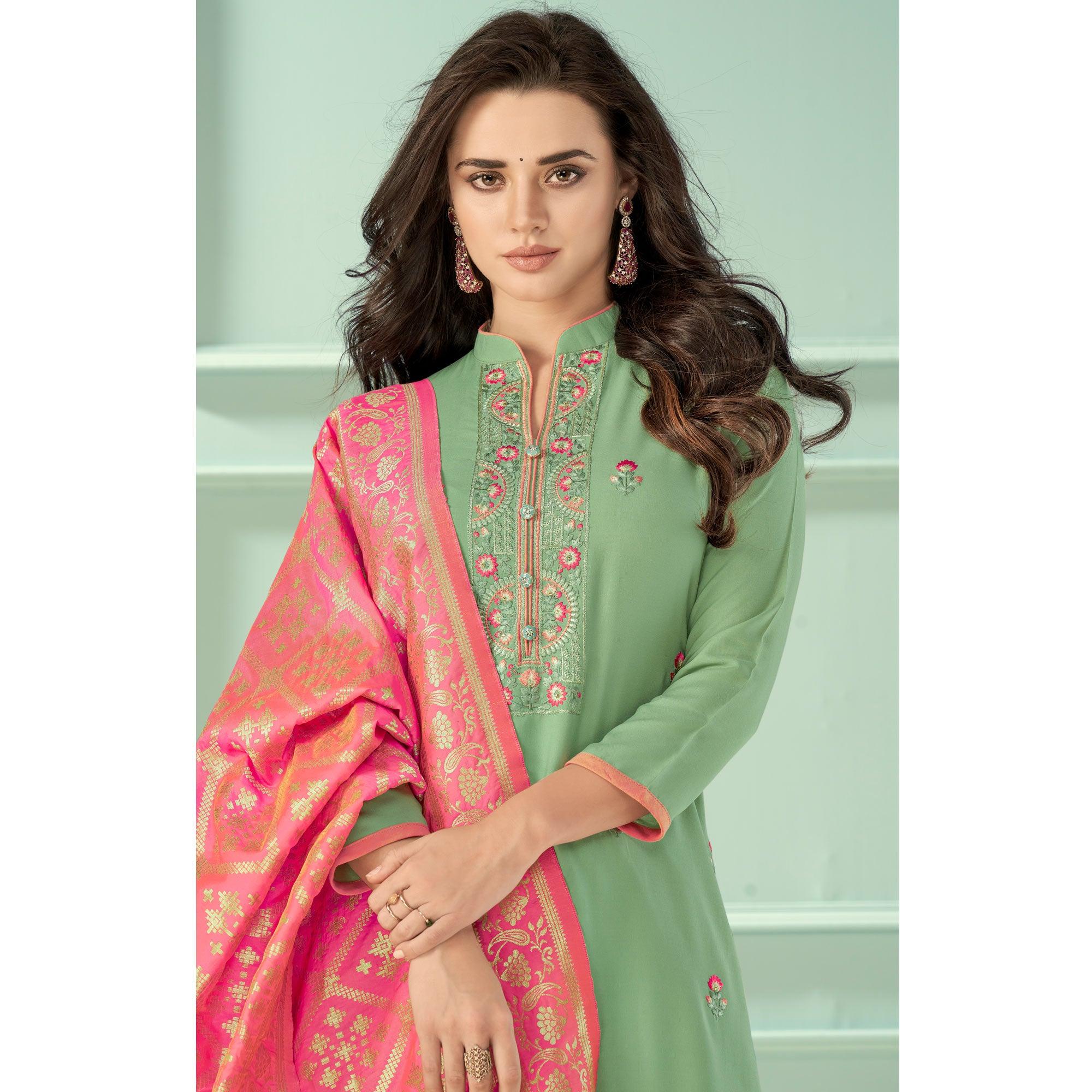 Green Floral Embroidered Rayon Partywear Suit - Peachmode