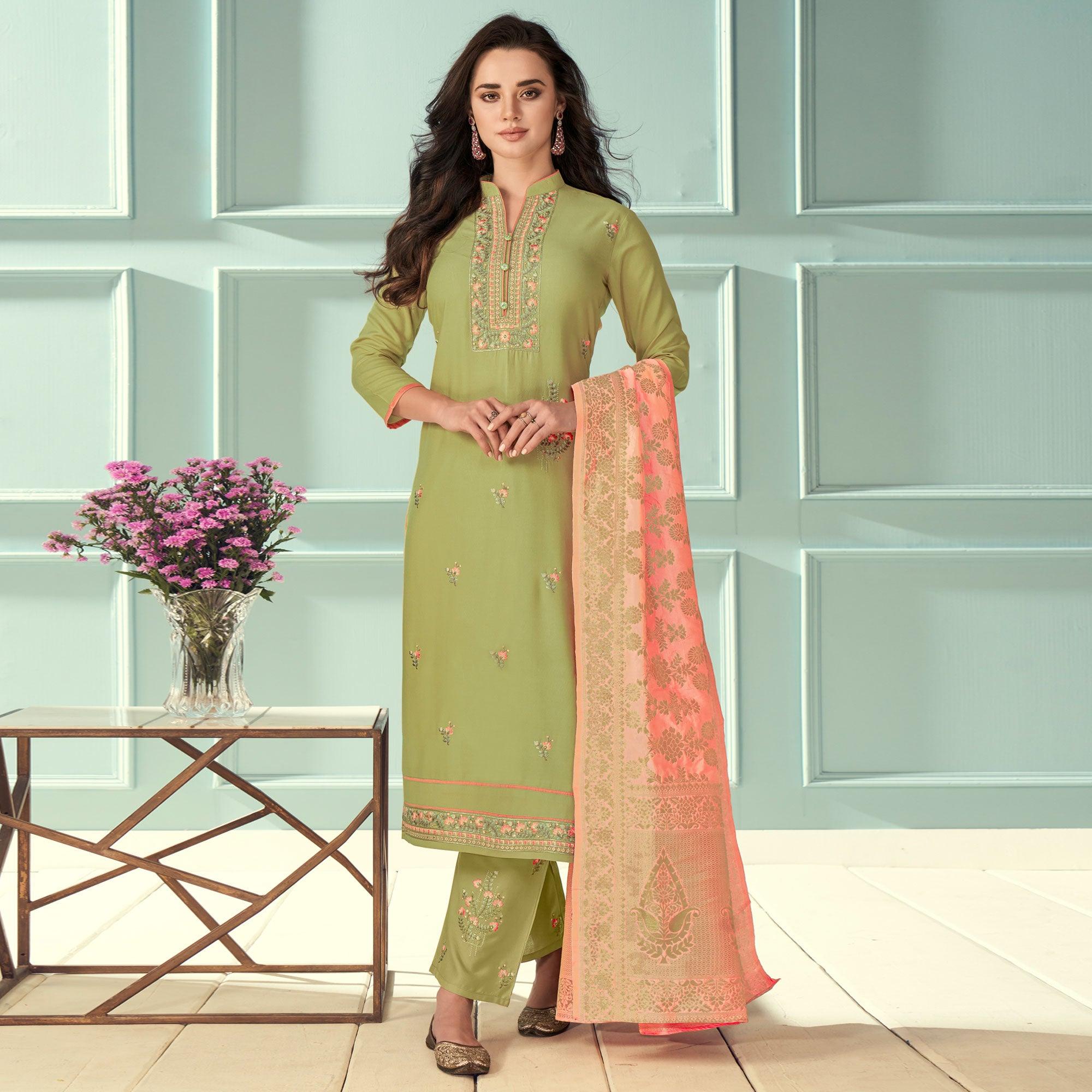 Green Floral Embroidered Rayon Partywear Suit - Peachmode