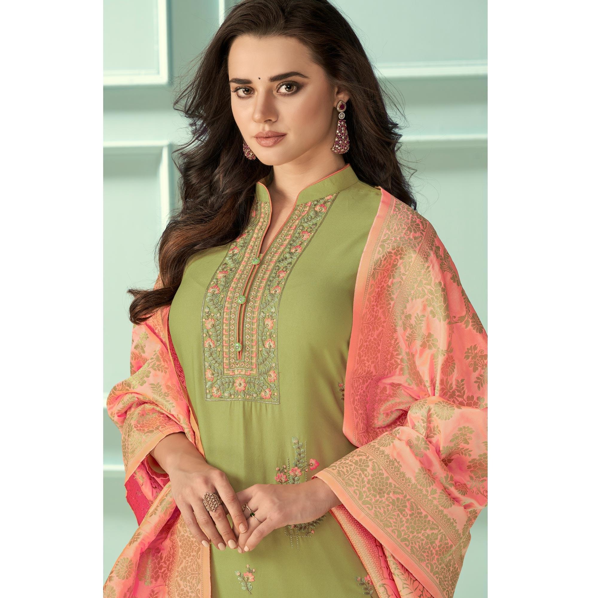 Green Floral Embroidered Rayon Partywear Suit - Peachmode