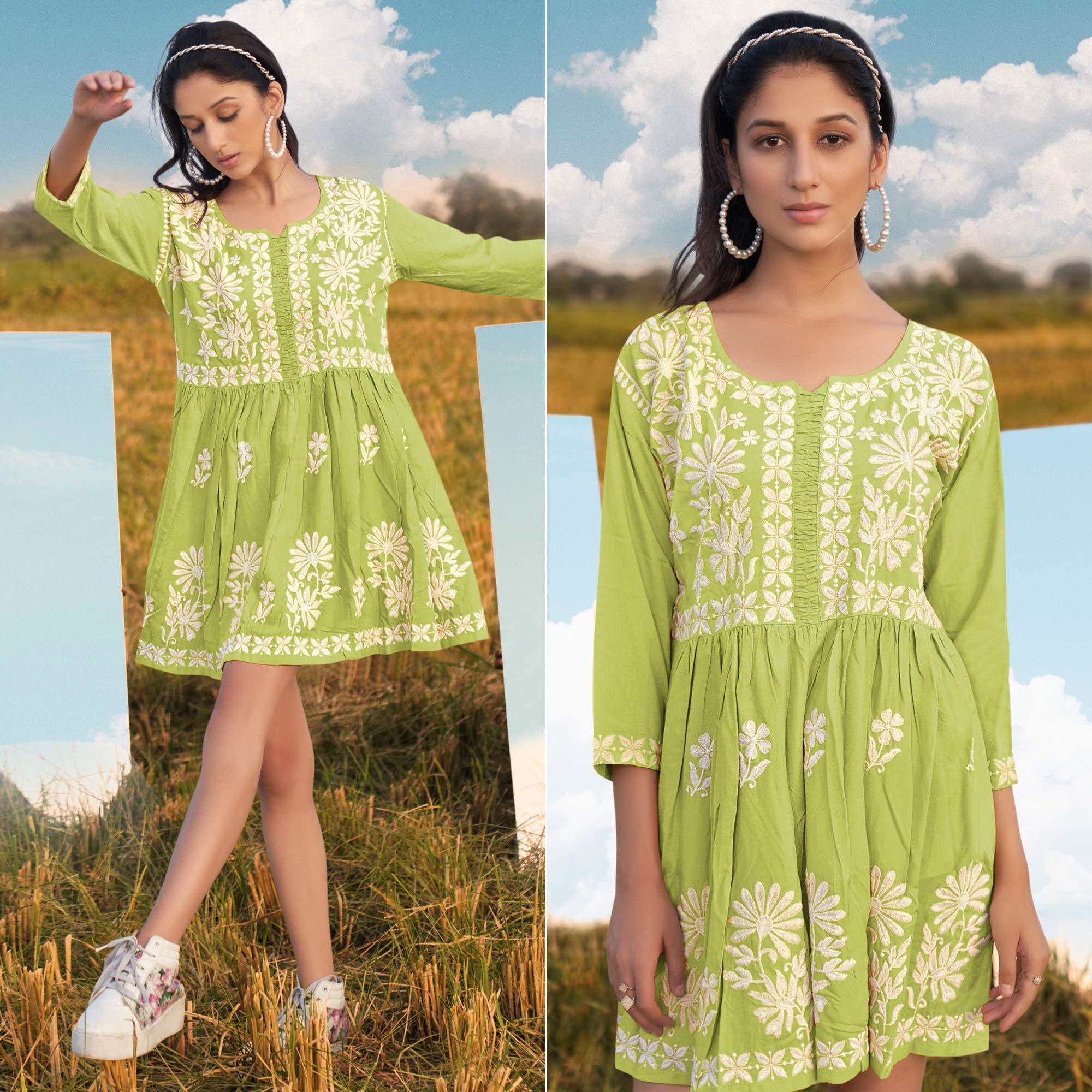 Green Floral Embroidered Rayon Top - Peachmode