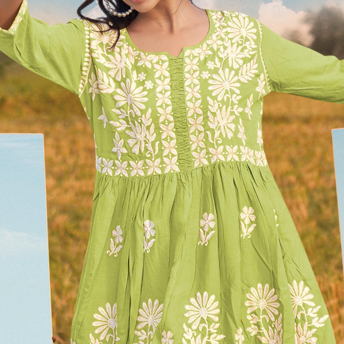 Green Floral Embroidered Rayon Top - Peachmode