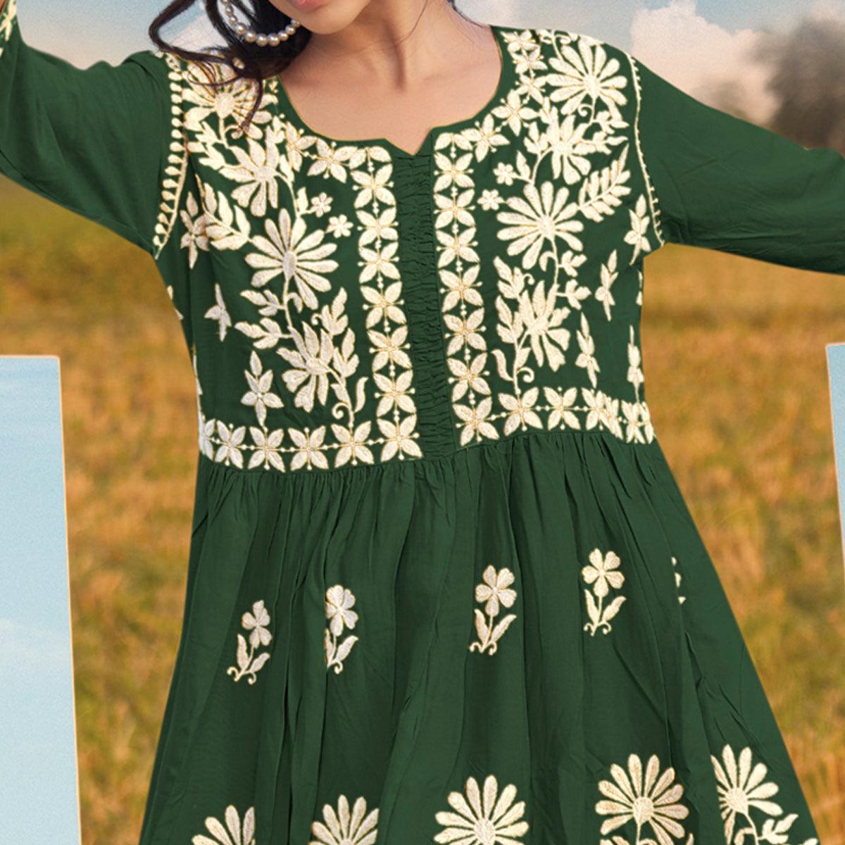 Green Floral Embroidered Rayon Top - Peachmode