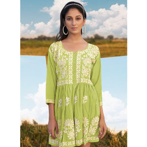 Green Floral Embroidered Rayon Top - Peachmode