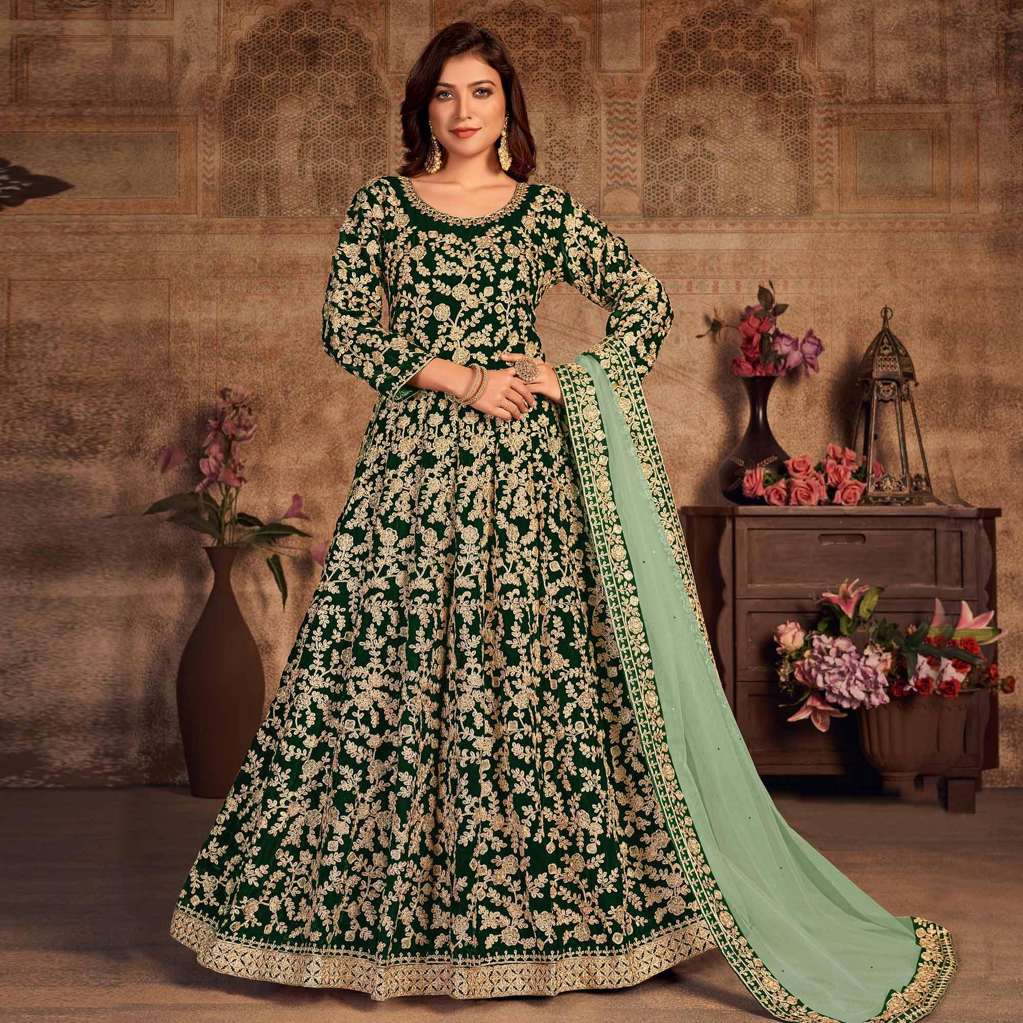 Green Floral Embroidered Velvet Partywear Gown - Peachmode