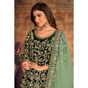 Green Floral Embroidered Velvet Partywear Gown - Peachmode