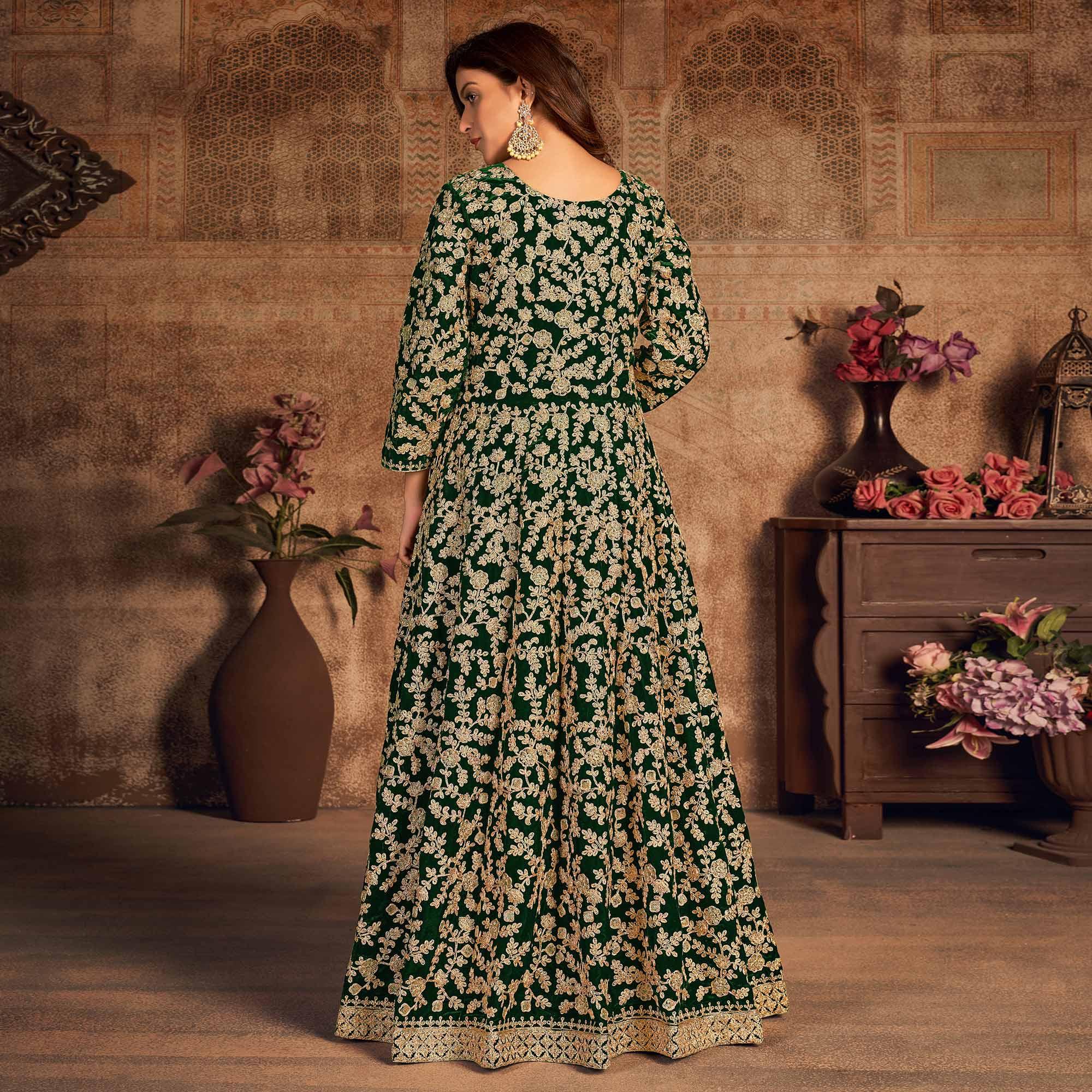 Green Floral Embroidered Velvet Partywear Gown - Peachmode