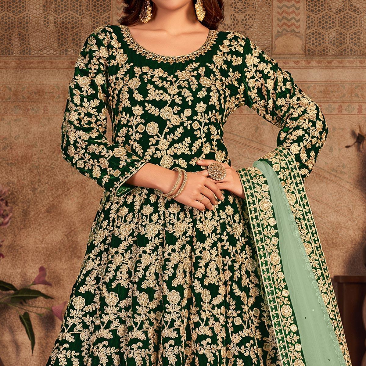 Green Floral Embroidered Velvet Partywear Gown - Peachmode