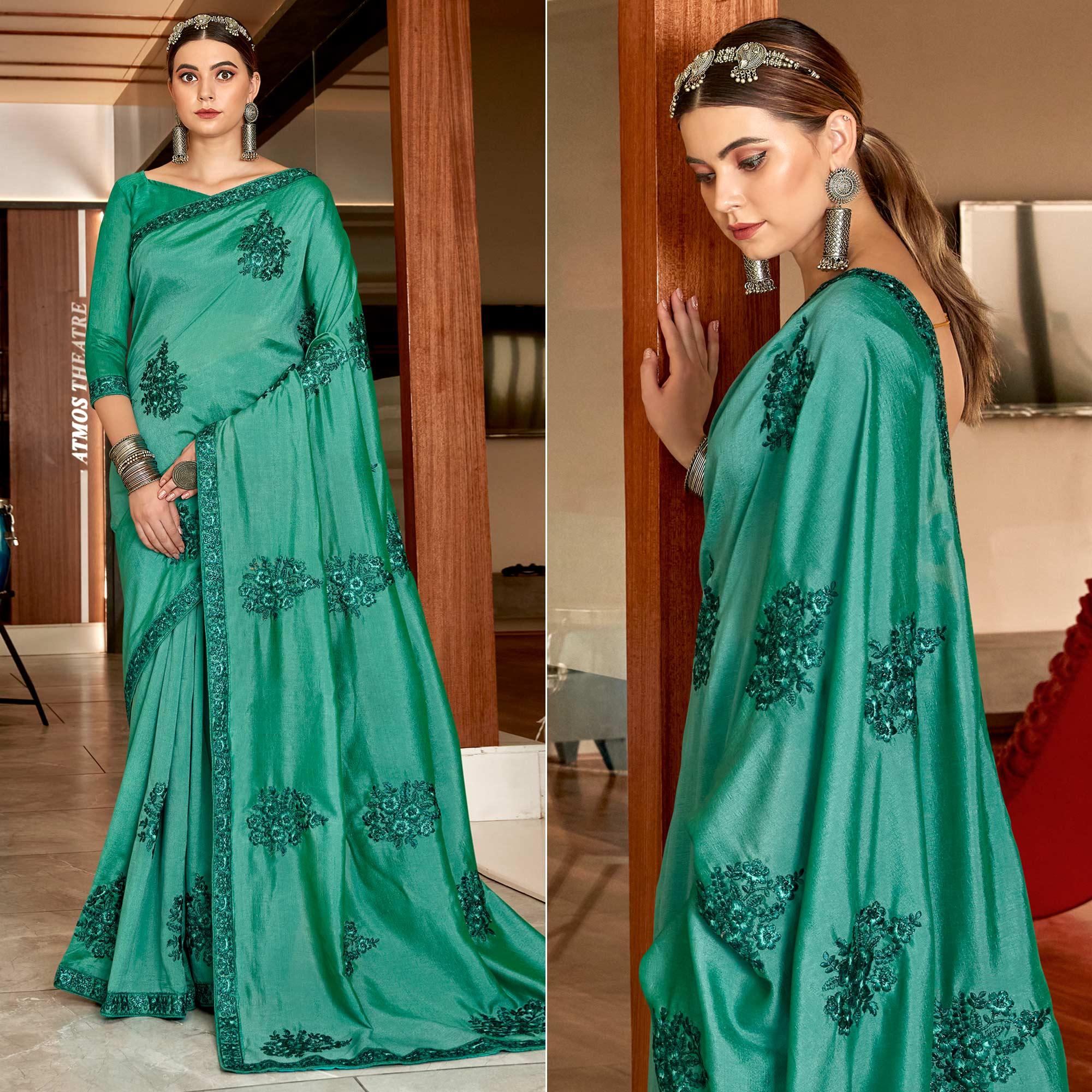 Green Floral Embroidered Vichitra Silk Saree - Peachmode