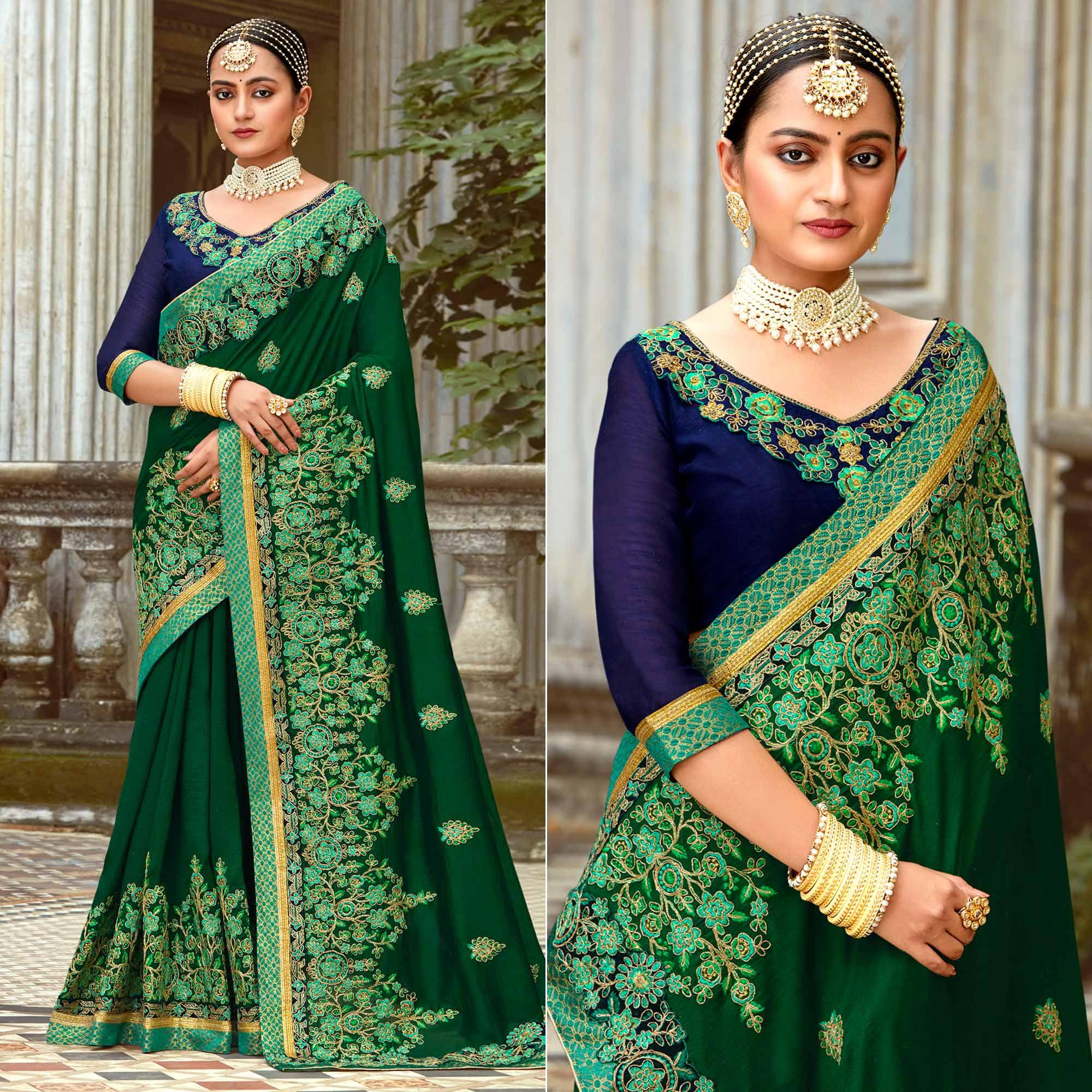 Green Floral Embroidered Vichitra Silk Saree - Peachmode