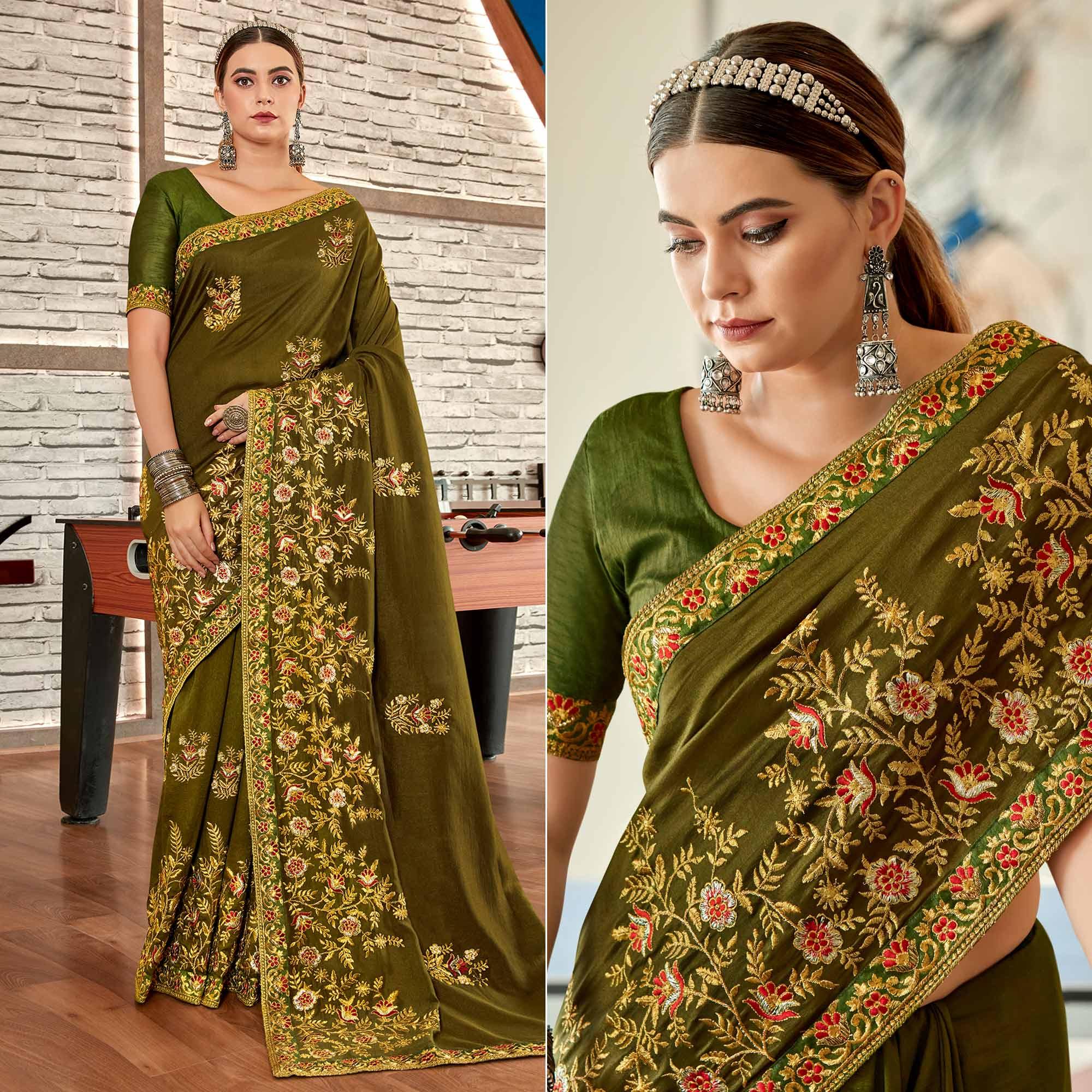 Green Floral Embroidered Vichitra Silk Saree - Peachmode
