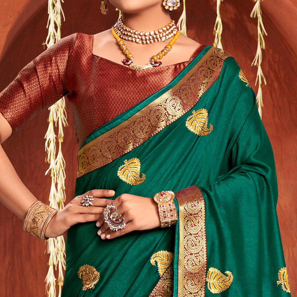 Green Floral Embroidered Vichitra Silk Saree - Peachmode