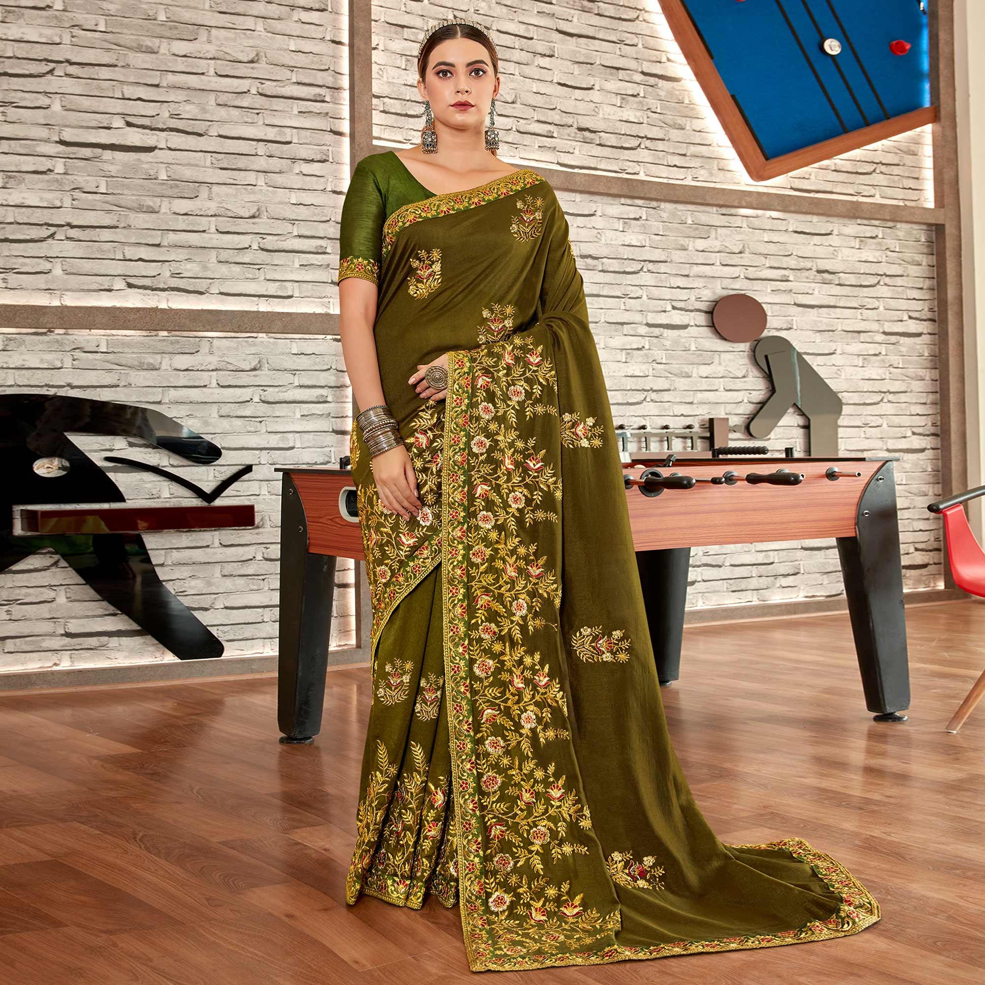 Green Floral Embroidered Vichitra Silk Saree - Peachmode