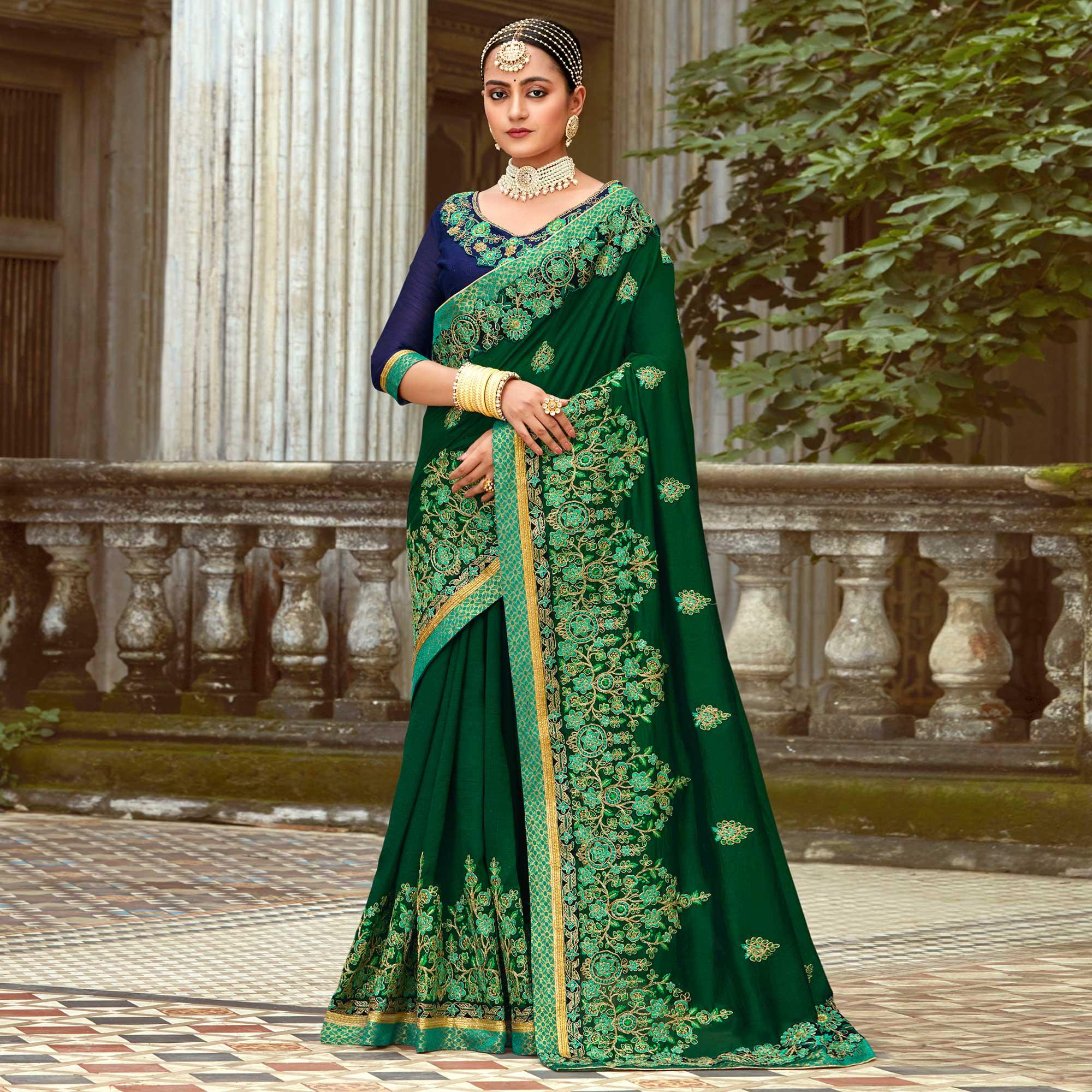 Green Floral Embroidered Vichitra Silk Saree - Peachmode