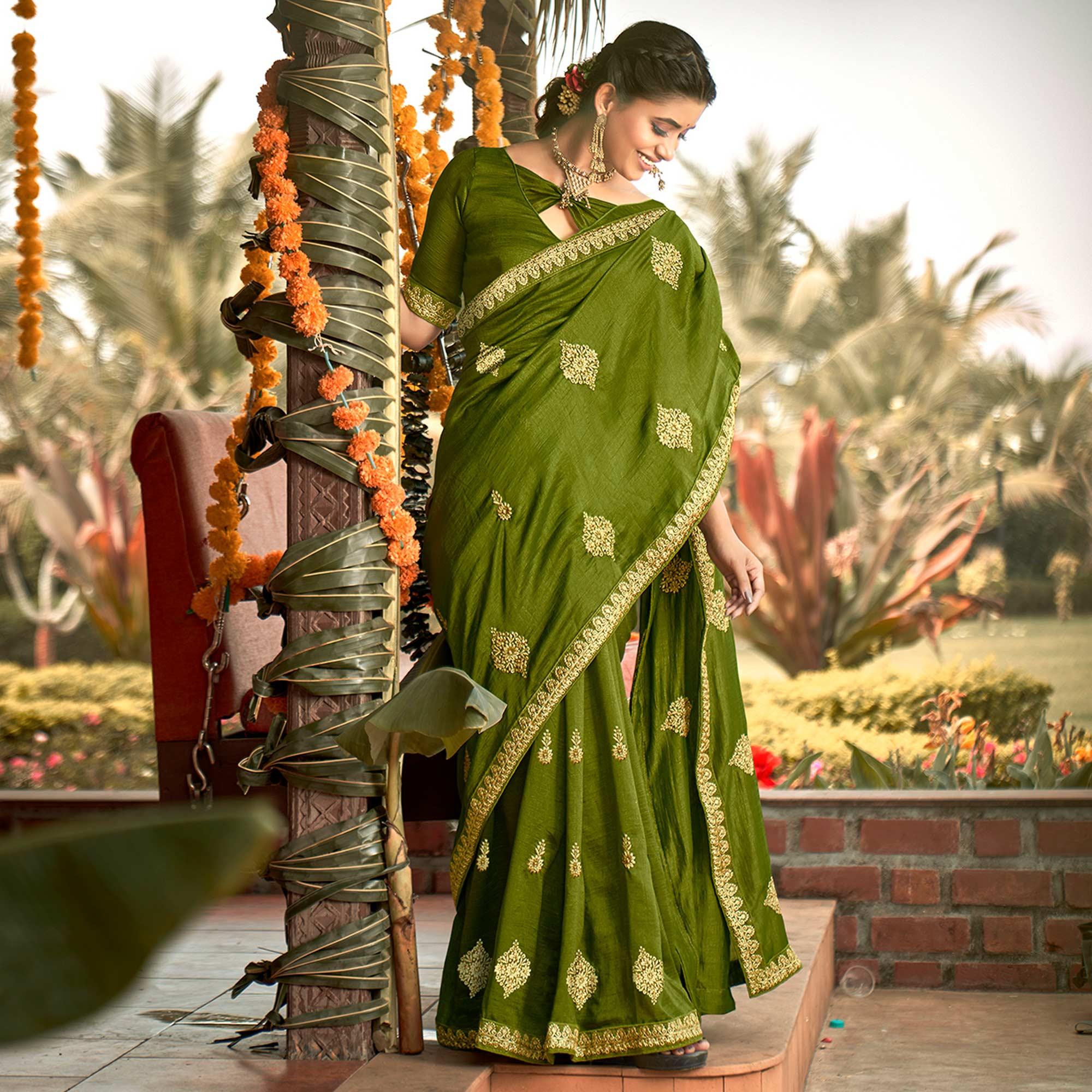 Green Floral Embroidered Vichitra Silk Saree - Peachmode
