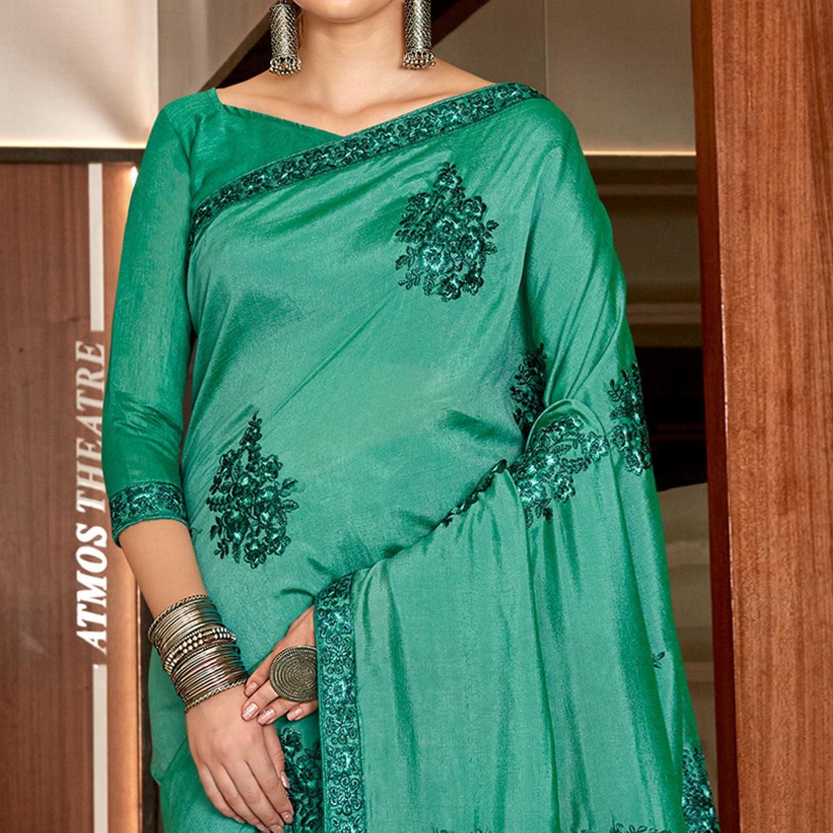 Green Floral Embroidered Vichitra Silk Saree - Peachmode