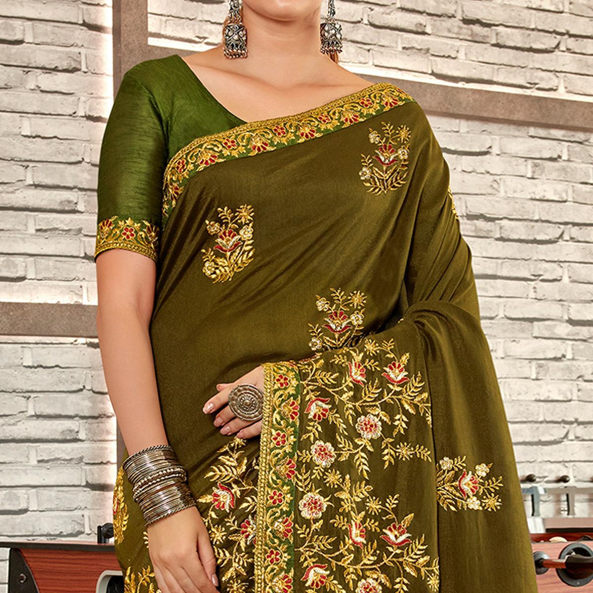 Green Floral Embroidered Vichitra Silk Saree - Peachmode