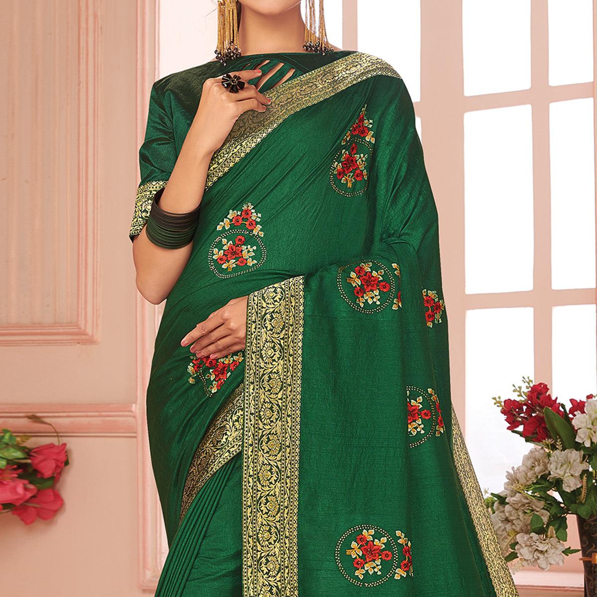 Green Floral Embroidered Vichitra Silk Saree - Peachmode