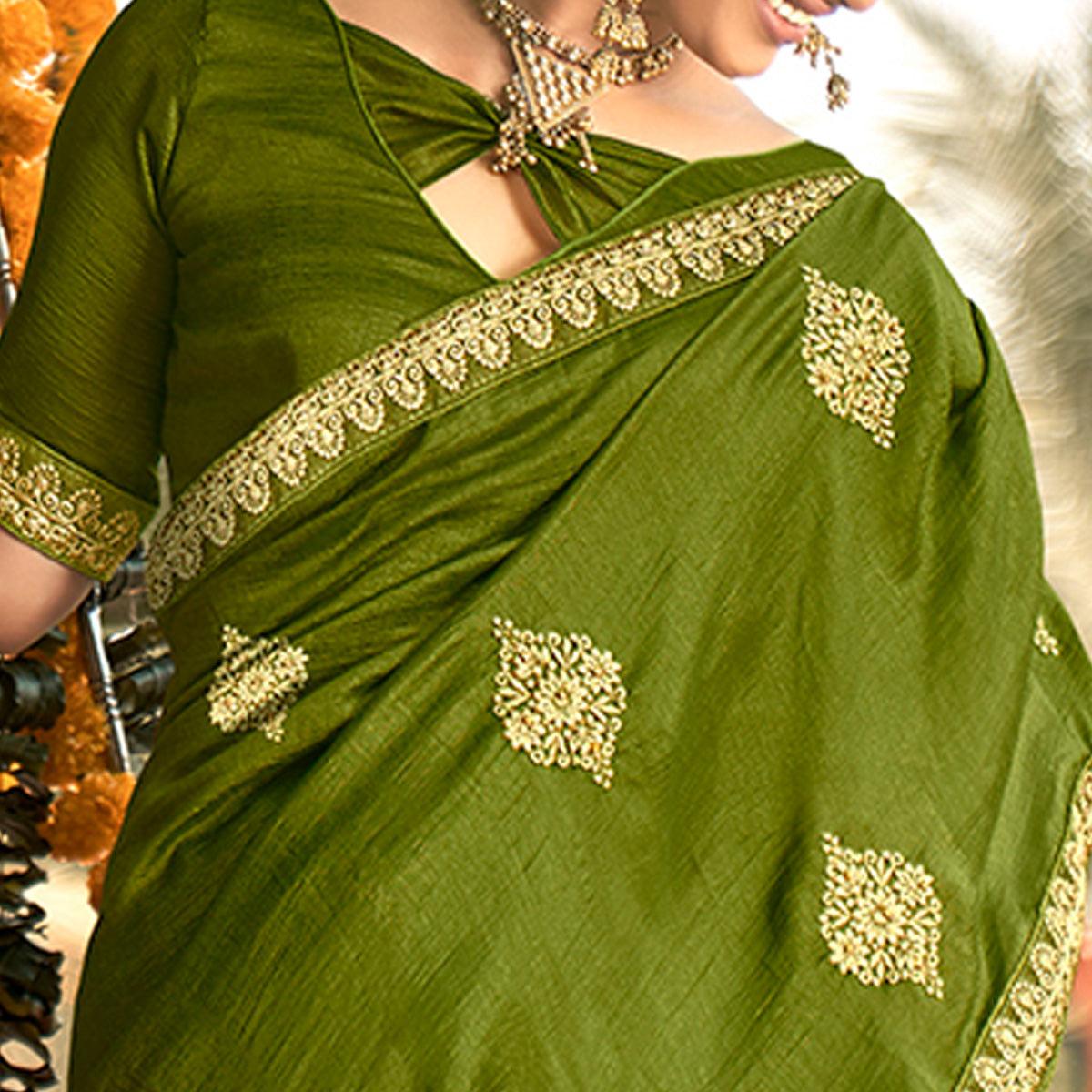 Green Floral Embroidered Vichitra Silk Saree - Peachmode