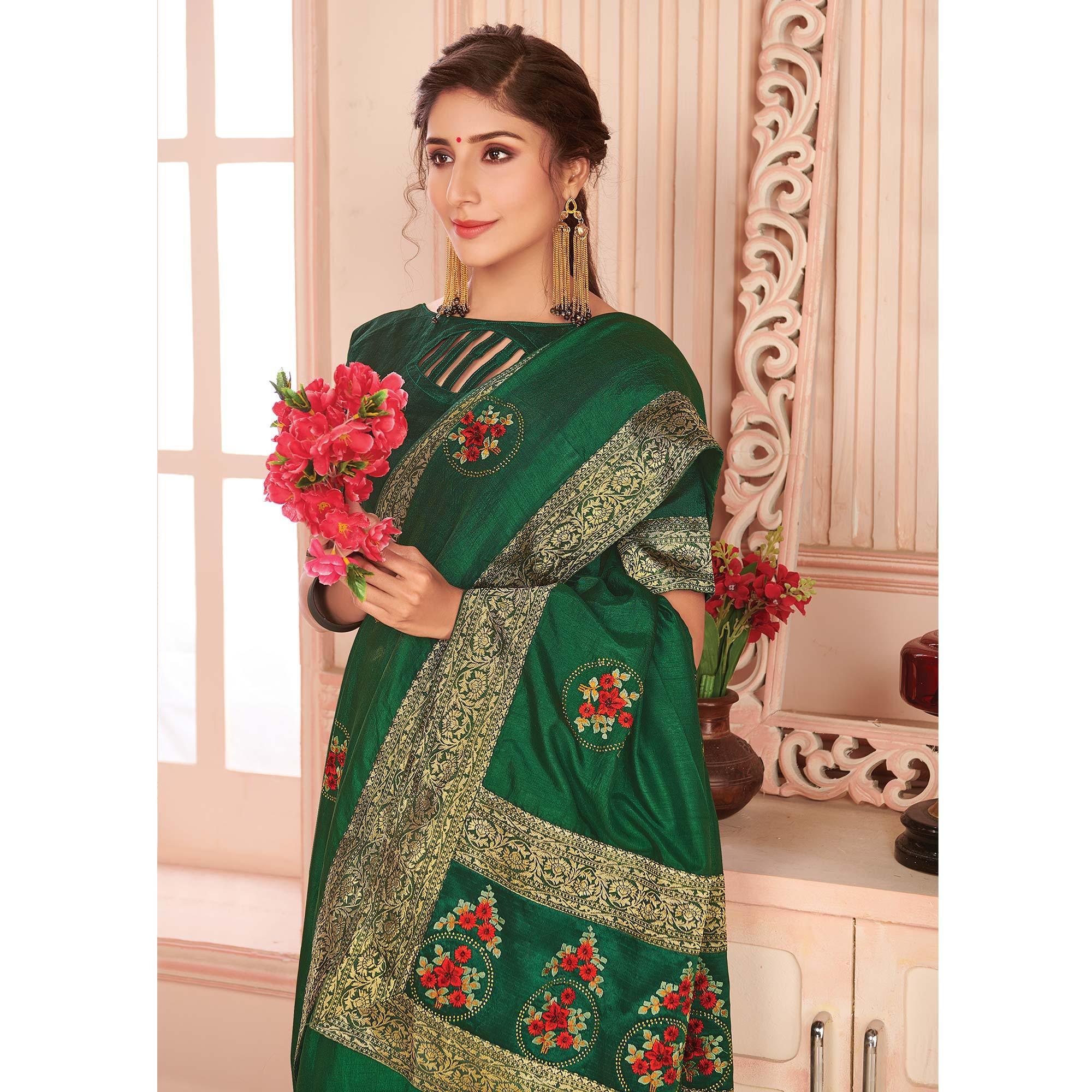 Green Floral Embroidered Vichitra Silk Saree - Peachmode