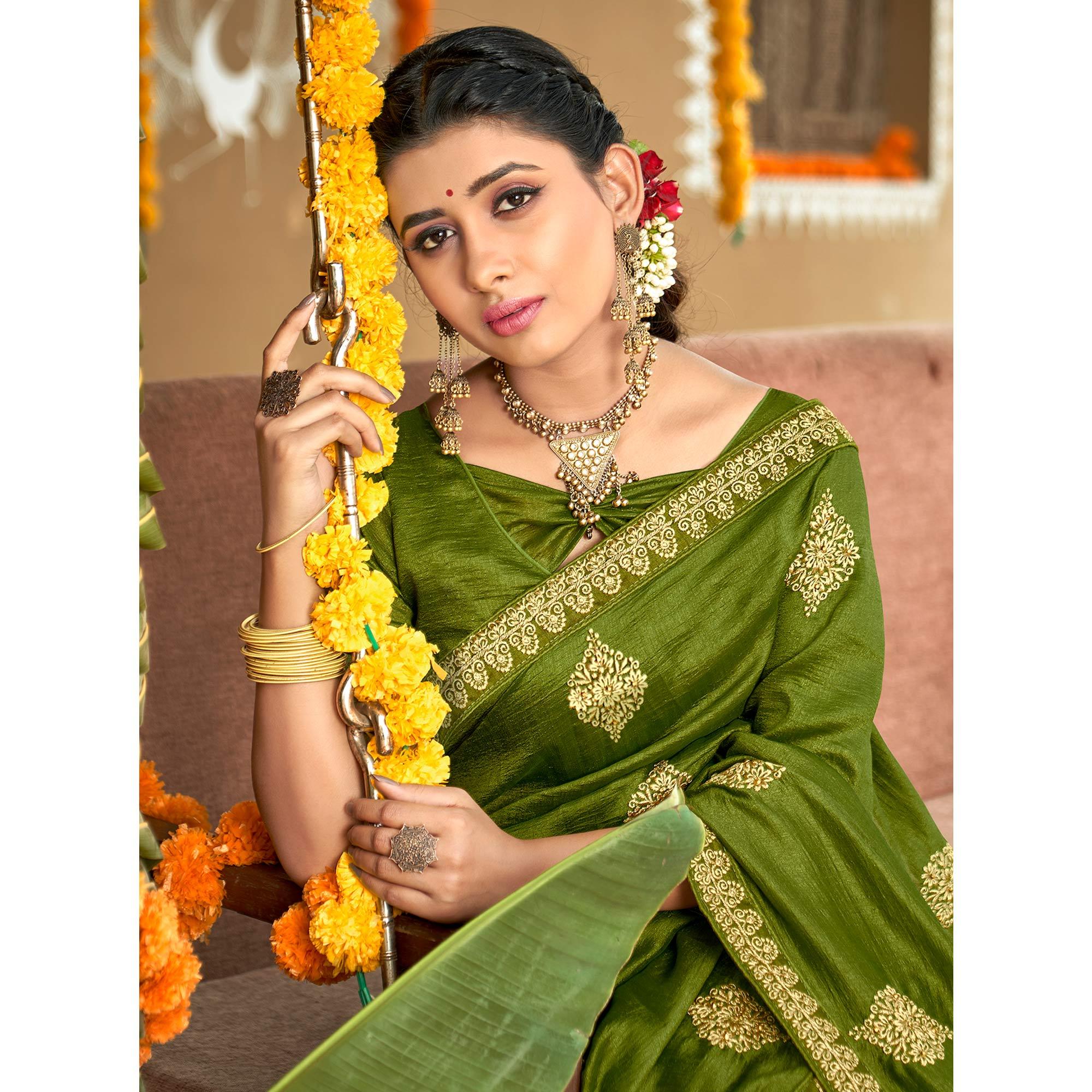 Green Floral Embroidered Vichitra Silk Saree - Peachmode