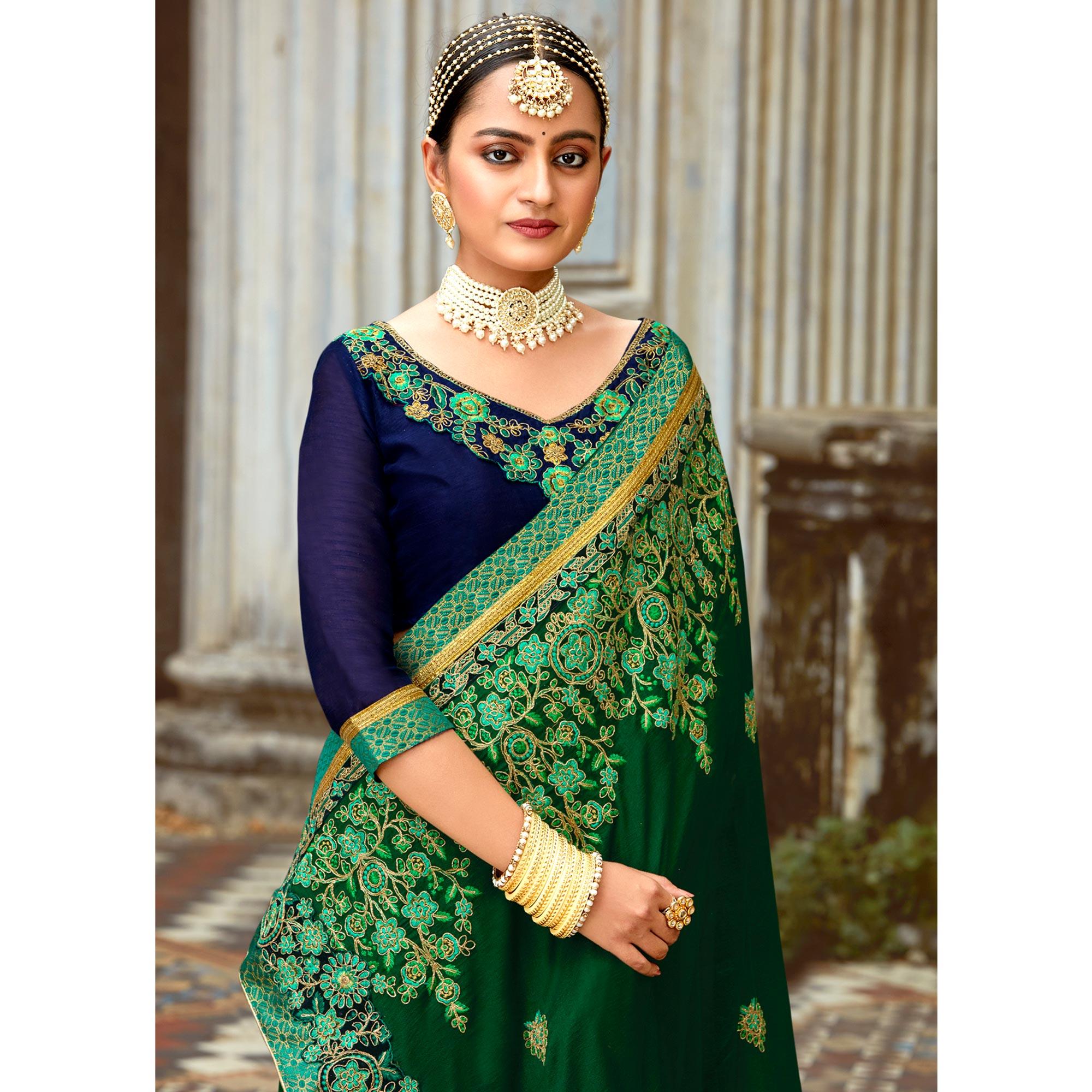 Green Floral Embroidered Vichitra Silk Saree - Peachmode