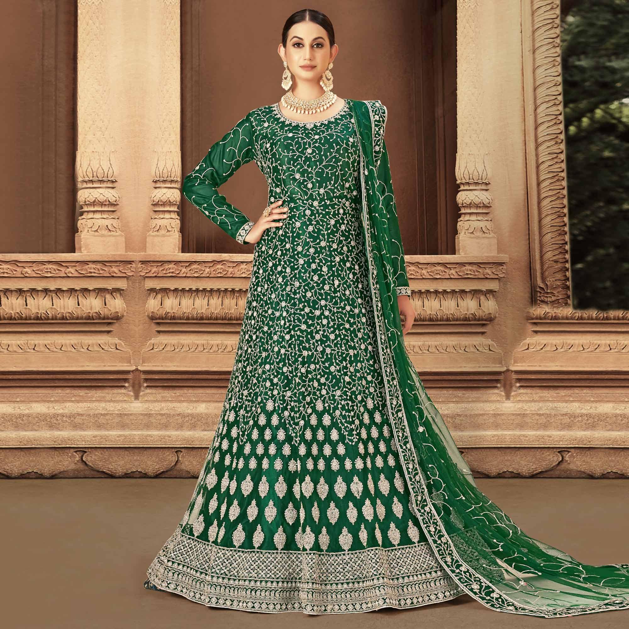 Green Floral Embroidered With Diamond Work Net Gown - Peachmode