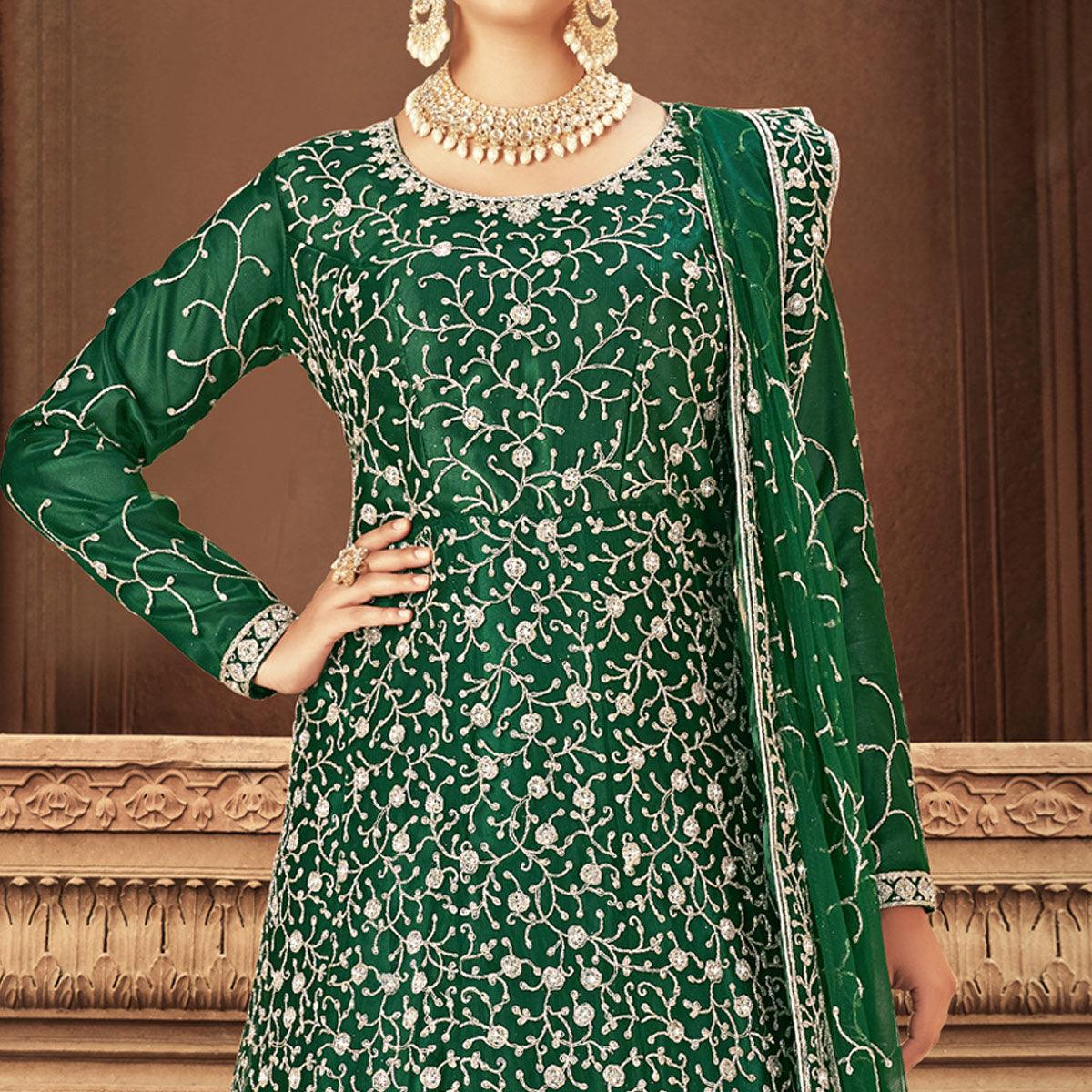 Green Floral Embroidered With Diamond Work Net Gown - Peachmode
