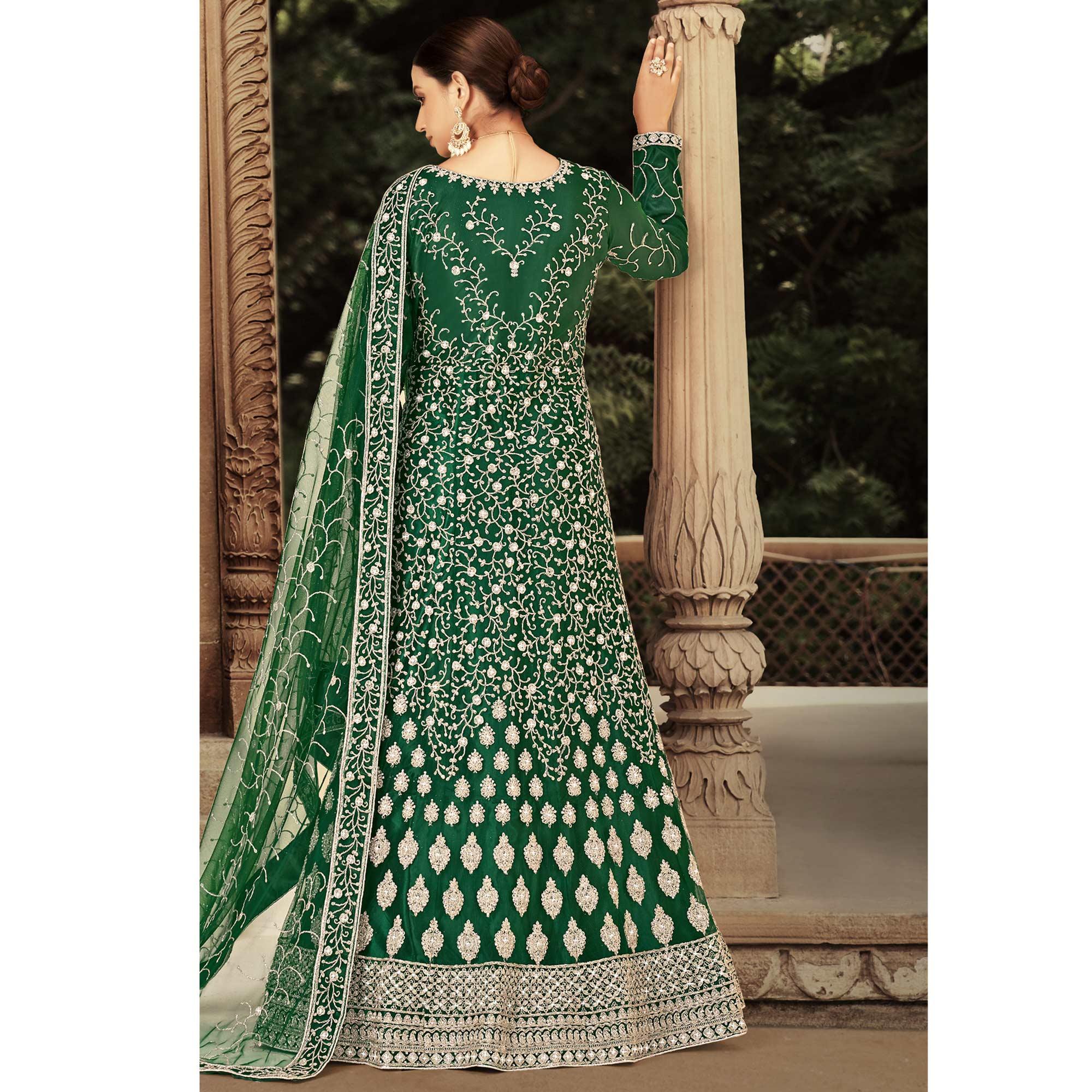 Green Floral Embroidered With Diamond Work Net Gown - Peachmode