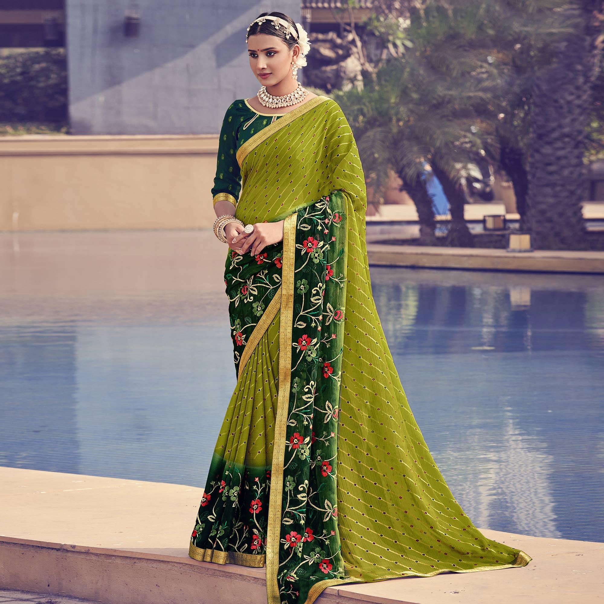 Green Floral Embroidered With Foil Printed Chiffon Half & Half Saree - Peachmode