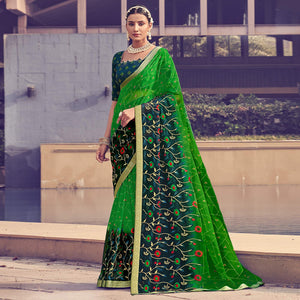 Green Floral Embroidered With Foil Printed Chiffon Half & Half Saree - Peachmode