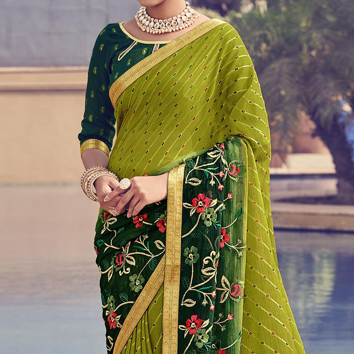 Green Floral Embroidered With Foil Printed Chiffon Half & Half Saree - Peachmode