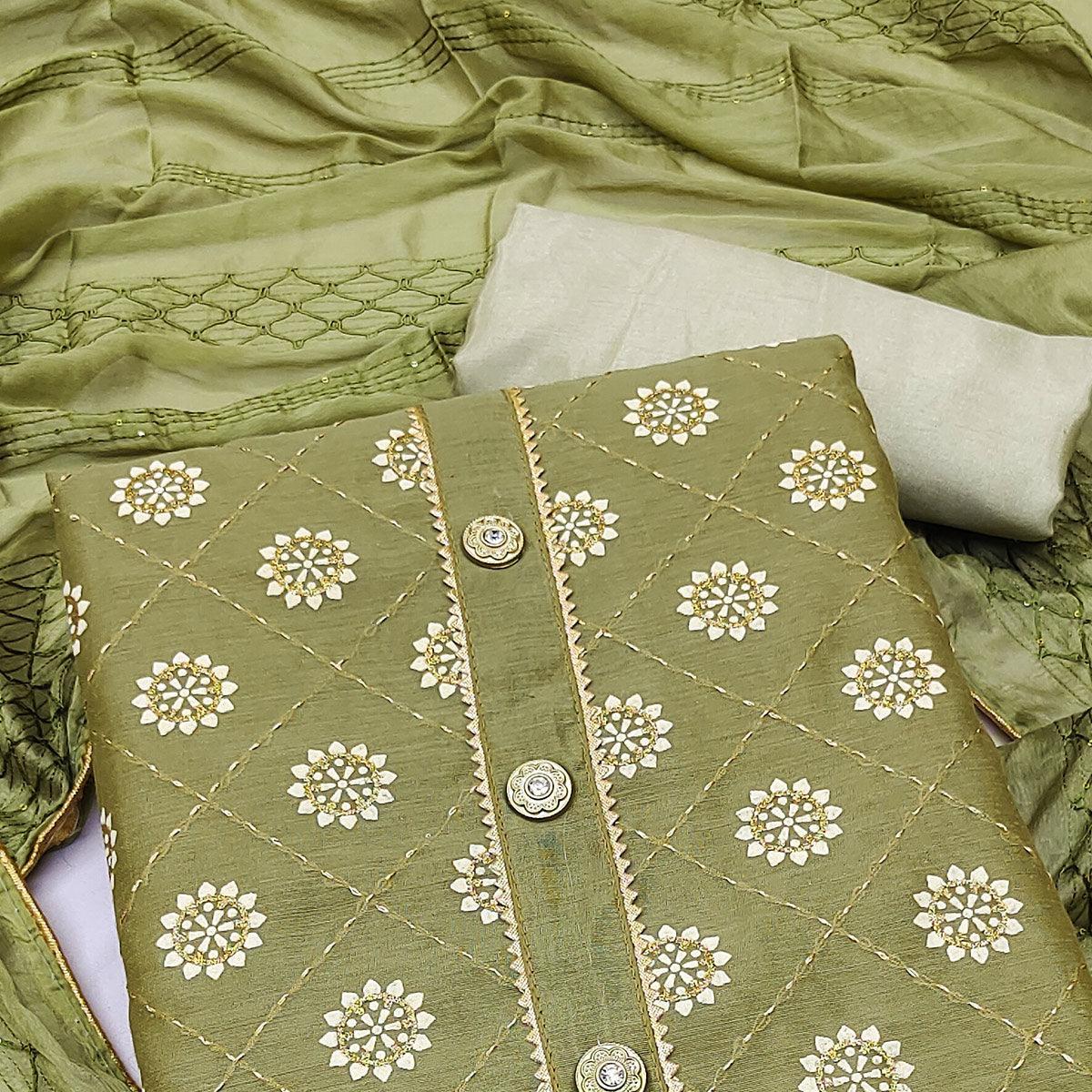 Green Floral Embroidered With Gota Patti Chanderi Dress Material - Peachmode