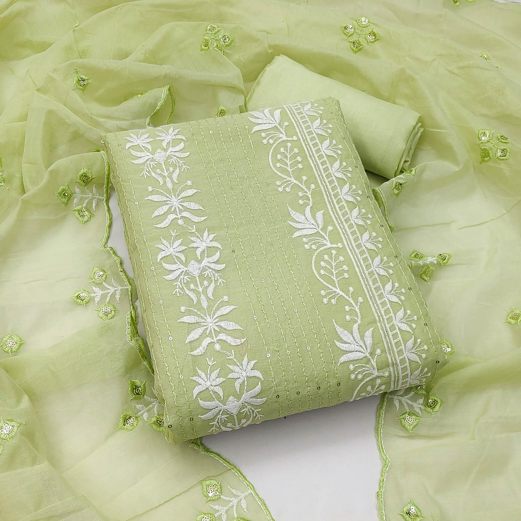 Green Floral Embroidered With Sequence Chanderi Dress Material - Peachmode