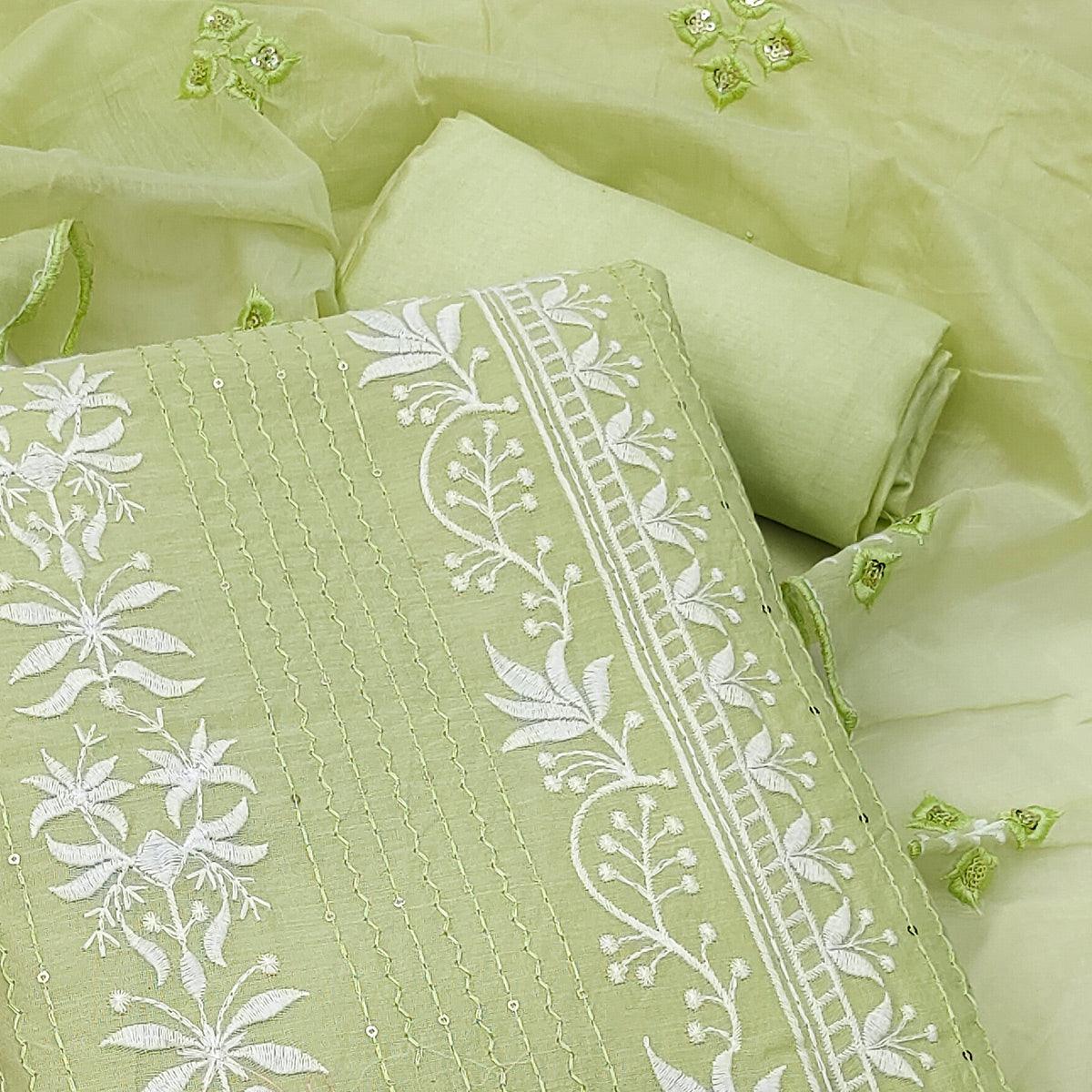 Green Floral Embroidered With Sequence Chanderi Dress Material - Peachmode