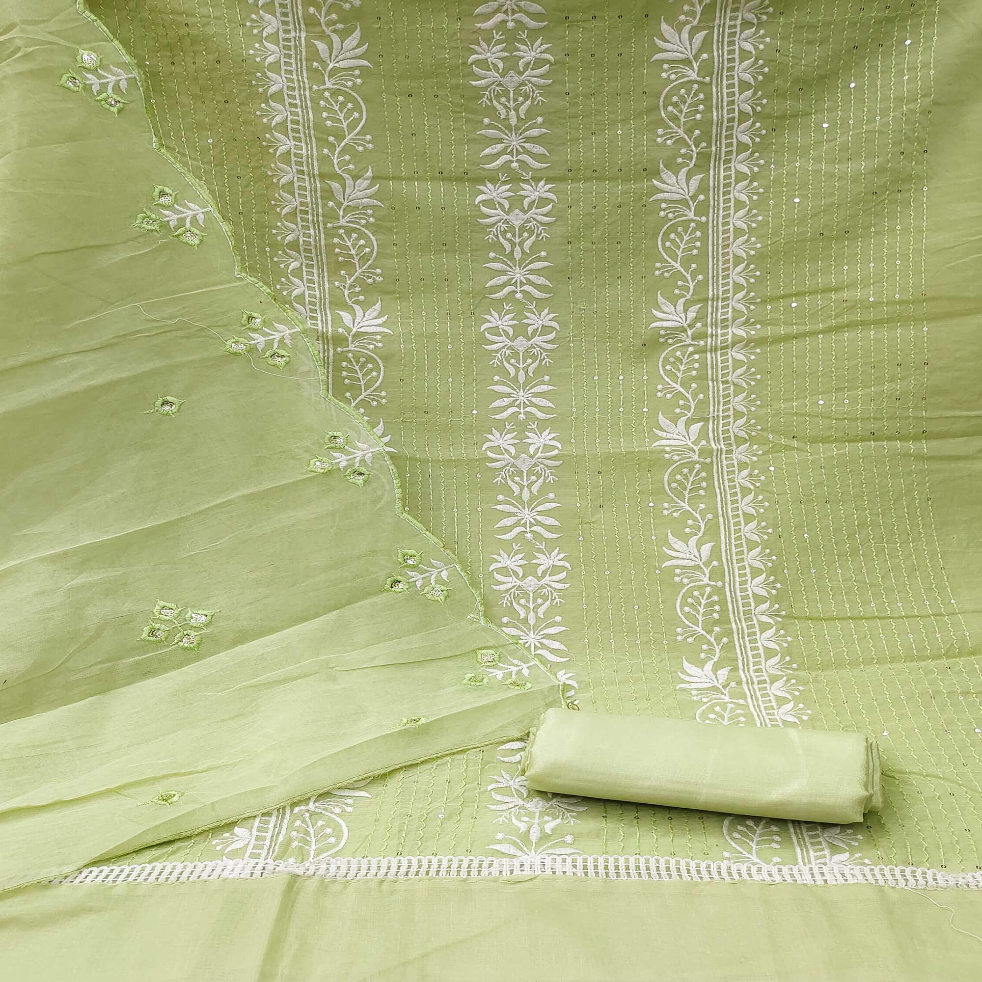 Green Floral Embroidered With Sequence Chanderi Dress Material - Peachmode