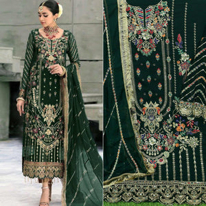 Green Floral Embroidered With Sequence Georgette Pakistani Suit - Peachmode