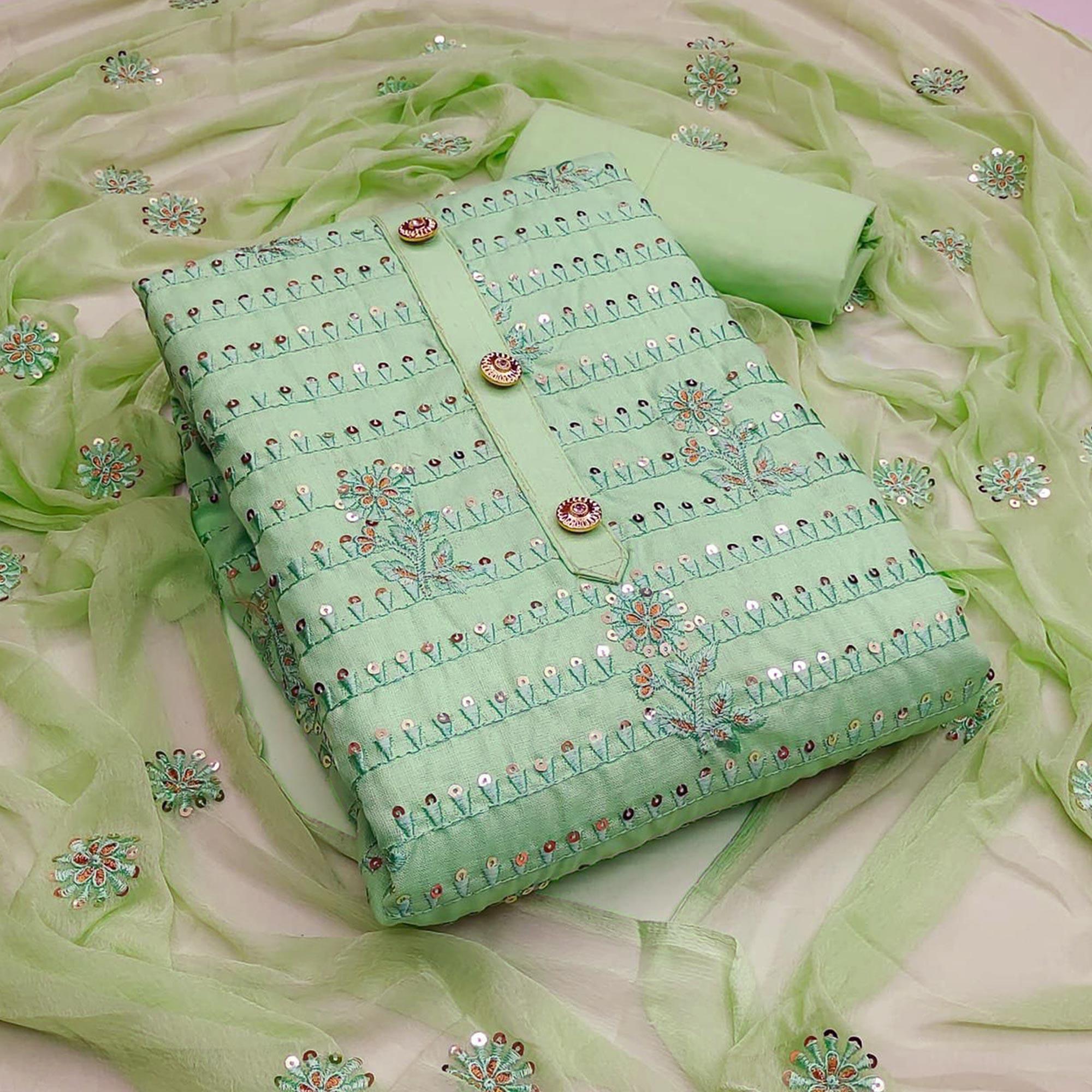 Green Floral Embroidered With Sequence Poly Cotton Dress Material - Peachmode