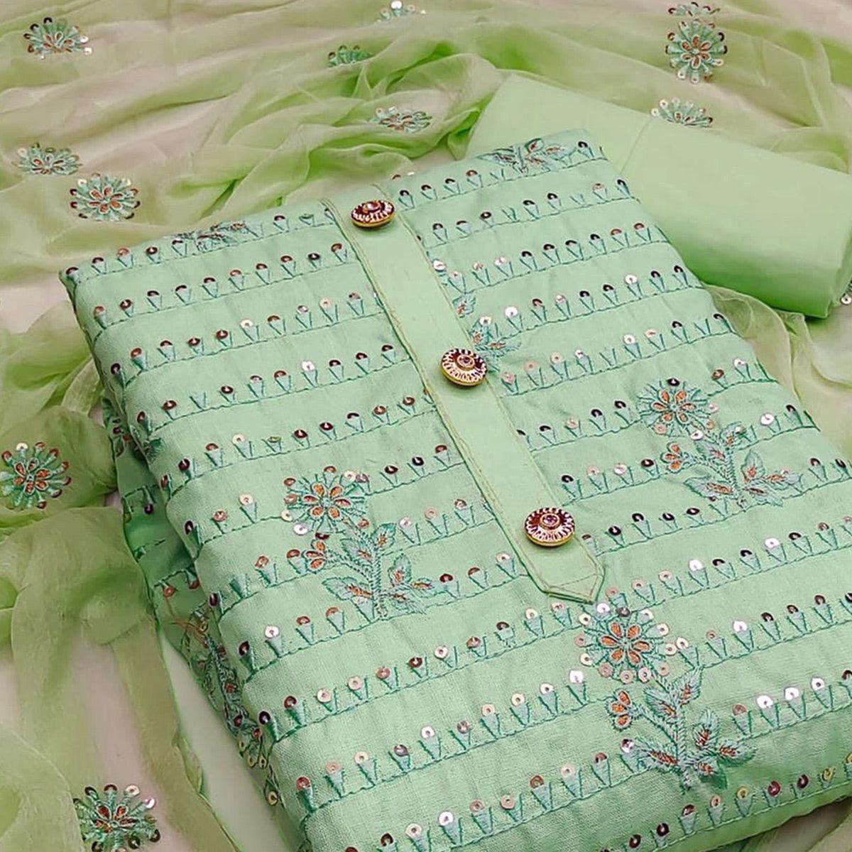 Green Floral Embroidered With Sequence Poly Cotton Dress Material - Peachmode