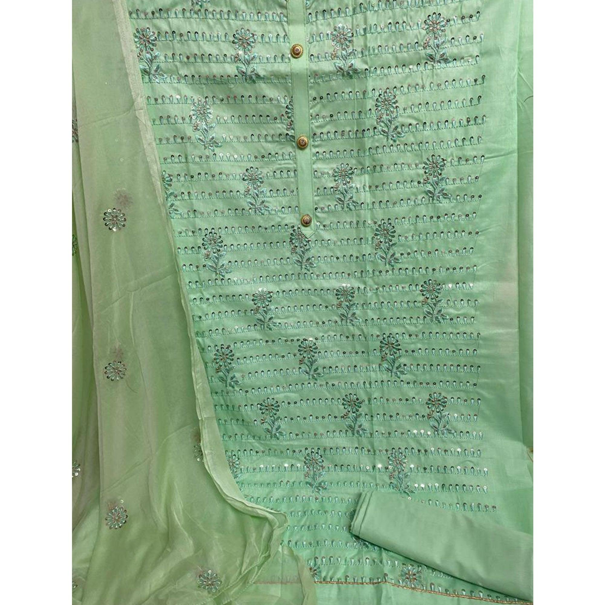Green Floral Embroidered With Sequence Poly Cotton Dress Material - Peachmode