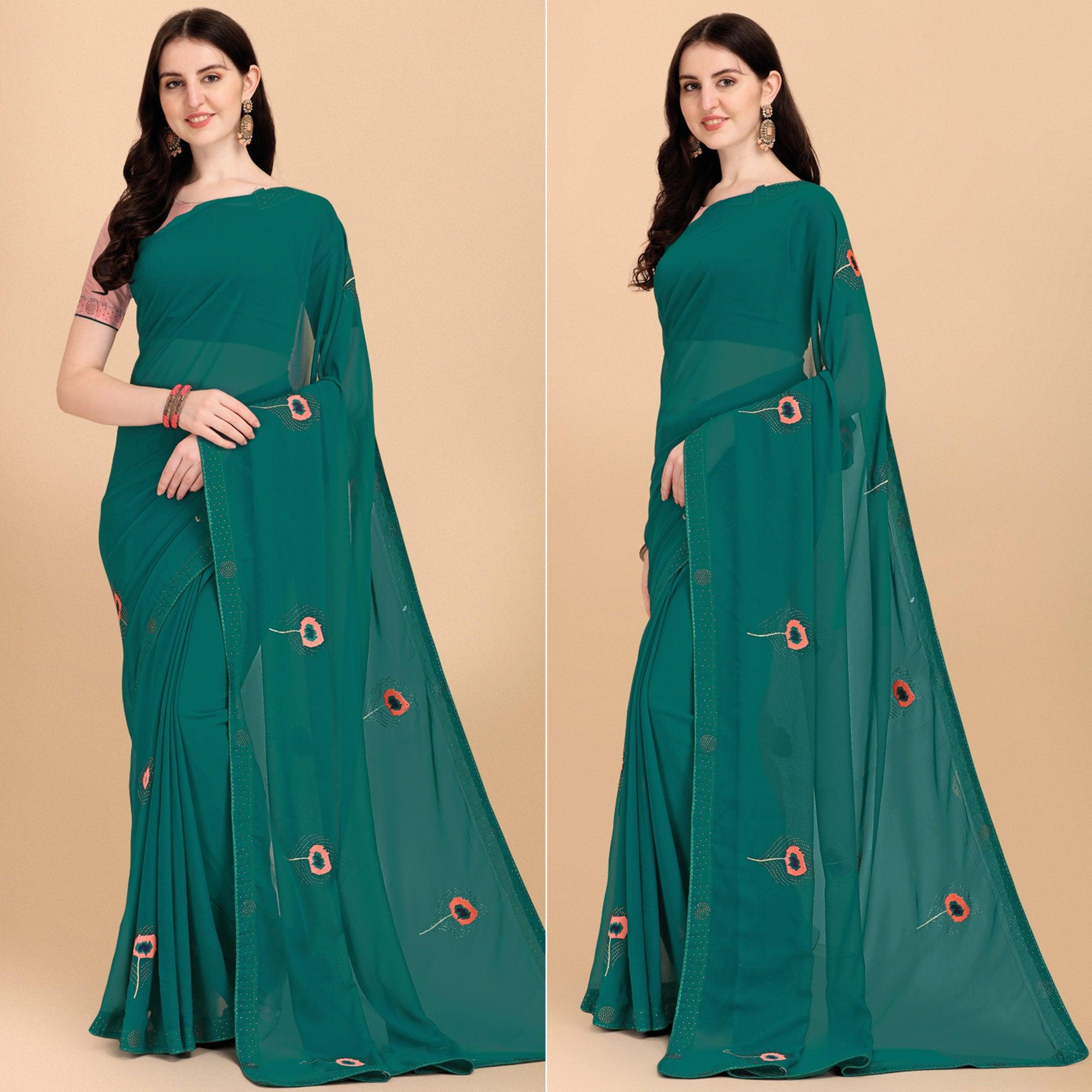 Green Floral Embroidered With Stonework Art Silk Saree - Peachmode