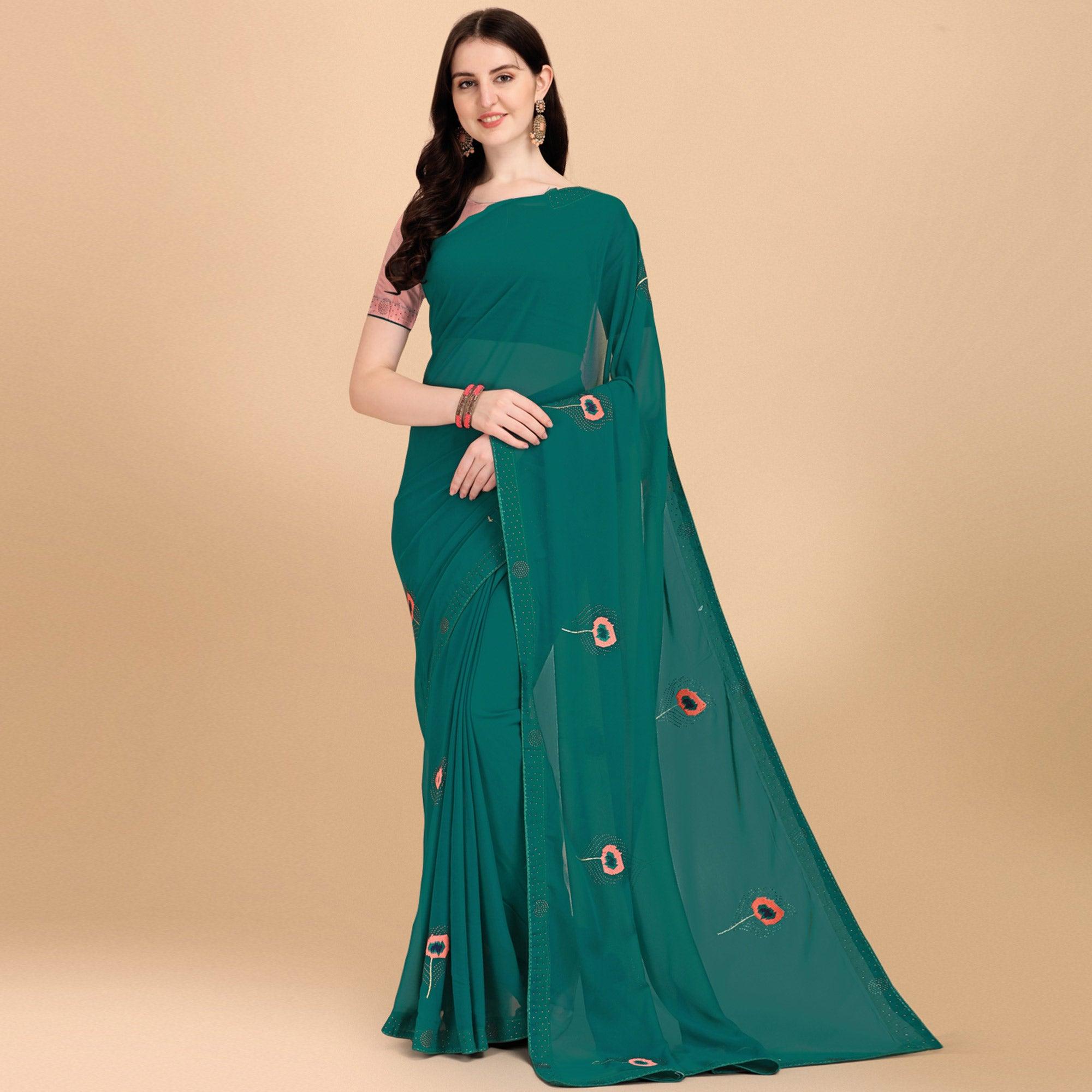 Green Floral Embroidered With Stonework Art Silk Saree - Peachmode