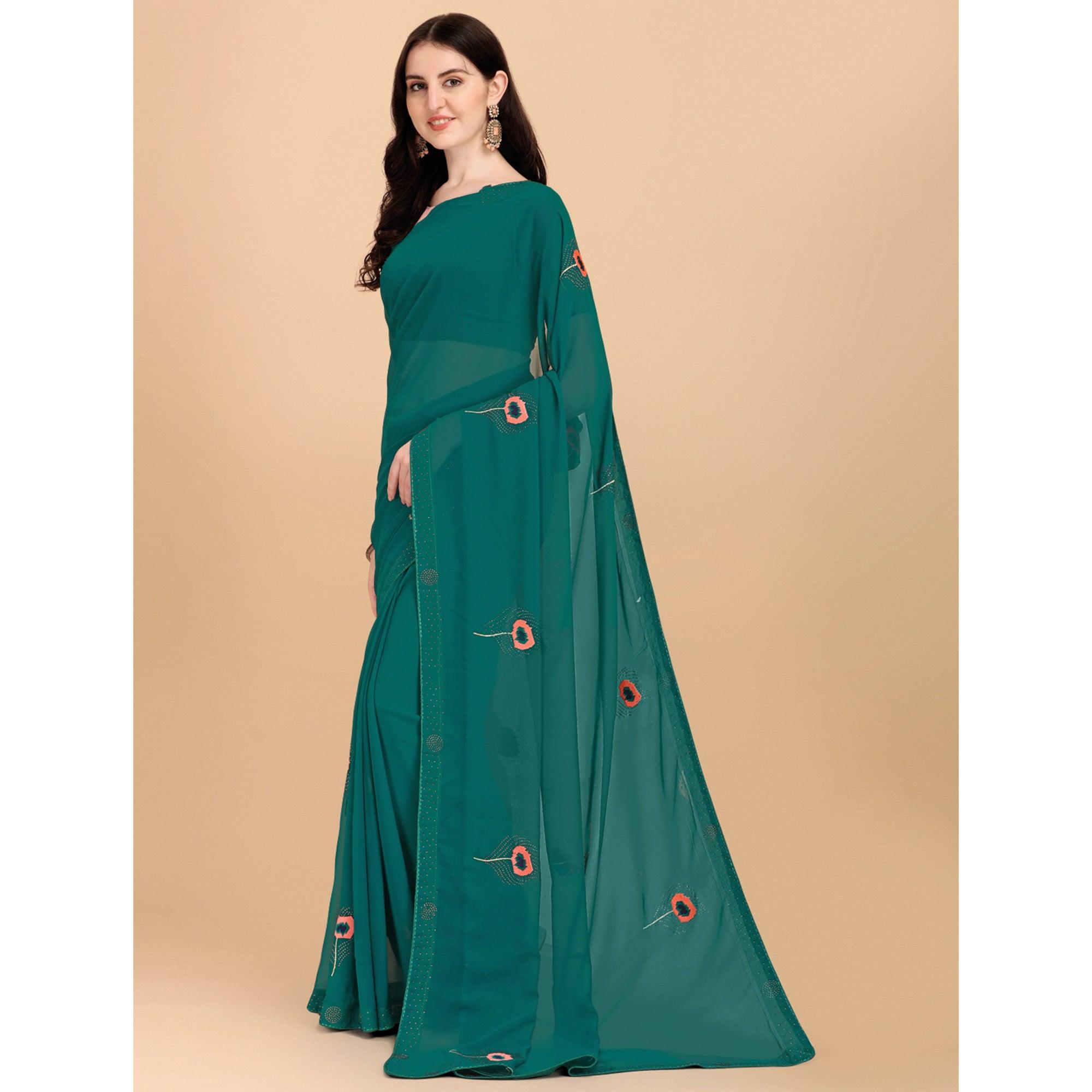 Green Floral Embroidered With Stonework Art Silk Saree - Peachmode