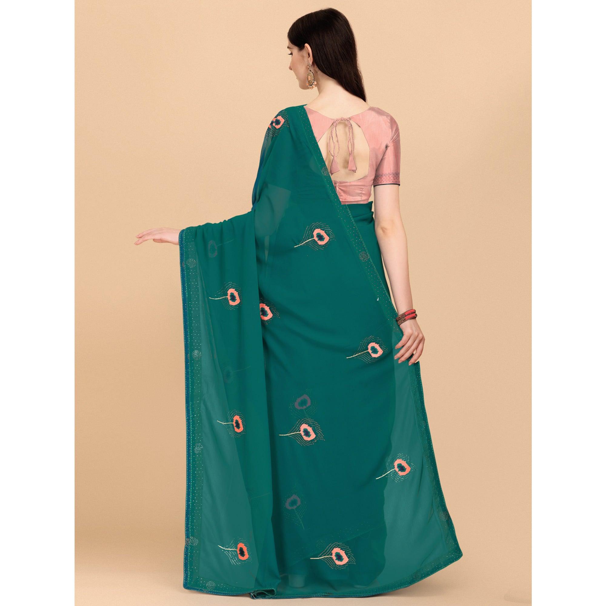 Green Floral Embroidered With Stonework Art Silk Saree - Peachmode