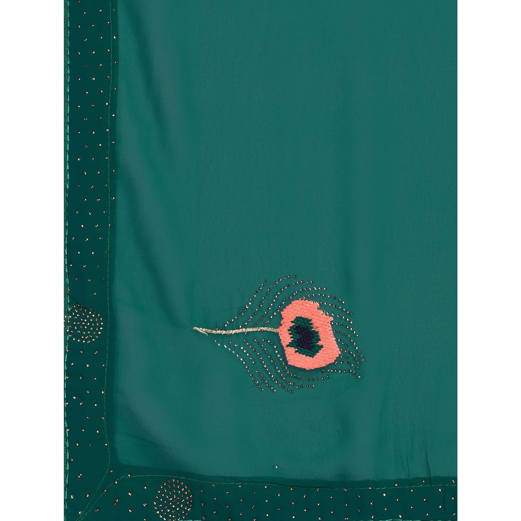 Green Floral Embroidered With Stonework Art Silk Saree - Peachmode