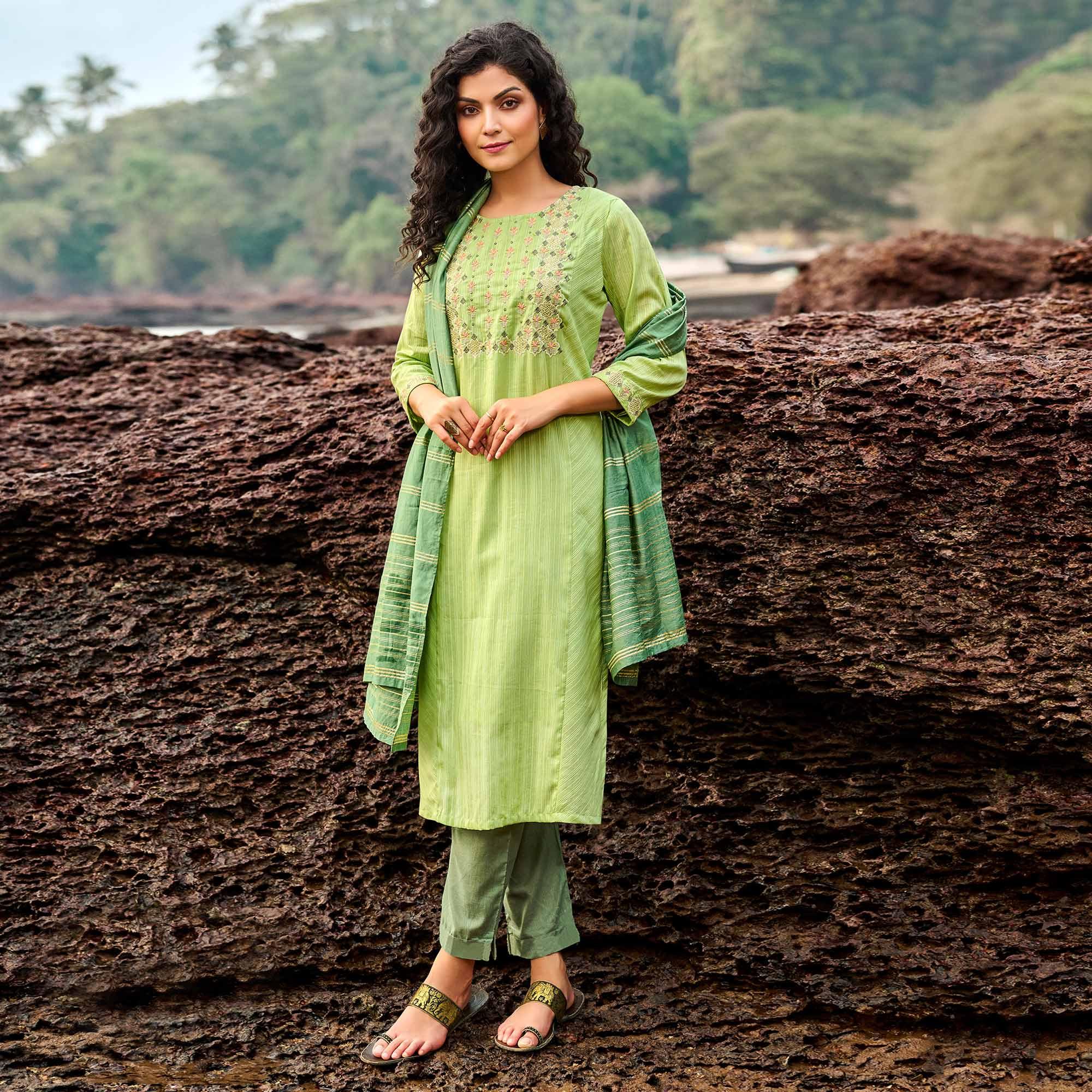 Green Floral Embroidered With Stripe Printed Cotton Kurti Pant Set - Peachmode