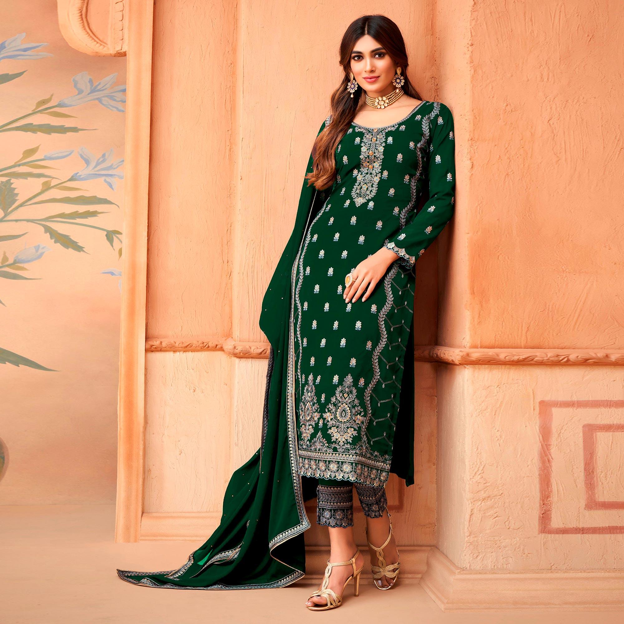Green Floral Embroidery Designer Georgette Partywear Suit - Peachmode