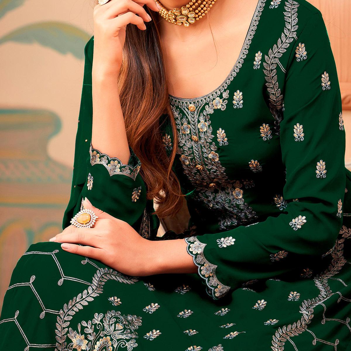 Green Floral Embroidery Designer Georgette Partywear Suit - Peachmode