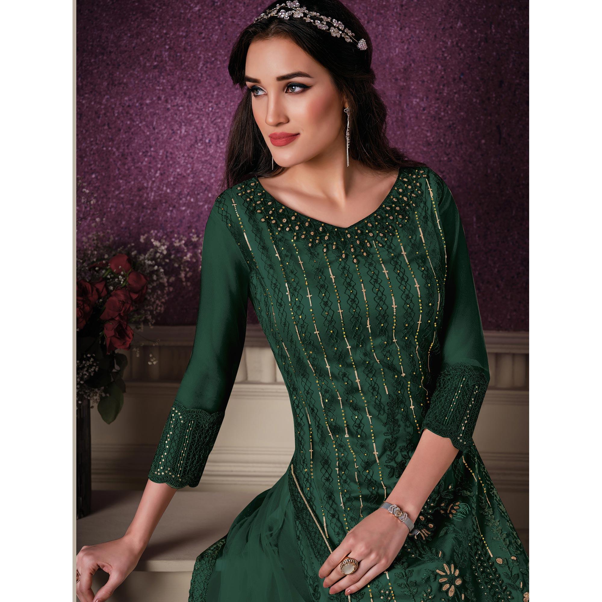 Green Floral Embroidery Designer Heavy Butterfly Net Partywear Suit - Peachmode