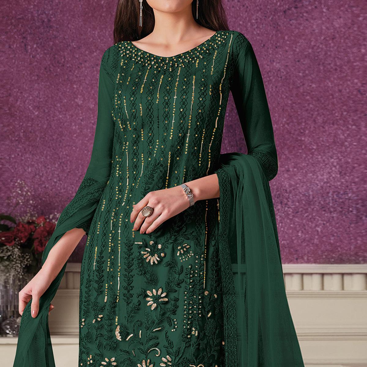 Green Floral Embroidery Designer Heavy Butterfly Net Partywear Suit - Peachmode