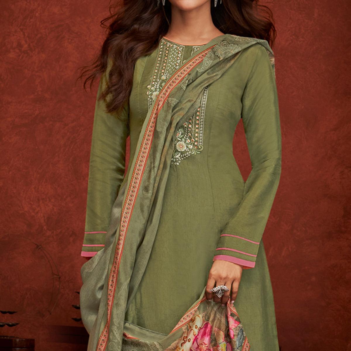 Green Floral Embroidery With Print Pure Viscose Partywear Suit - Peachmode